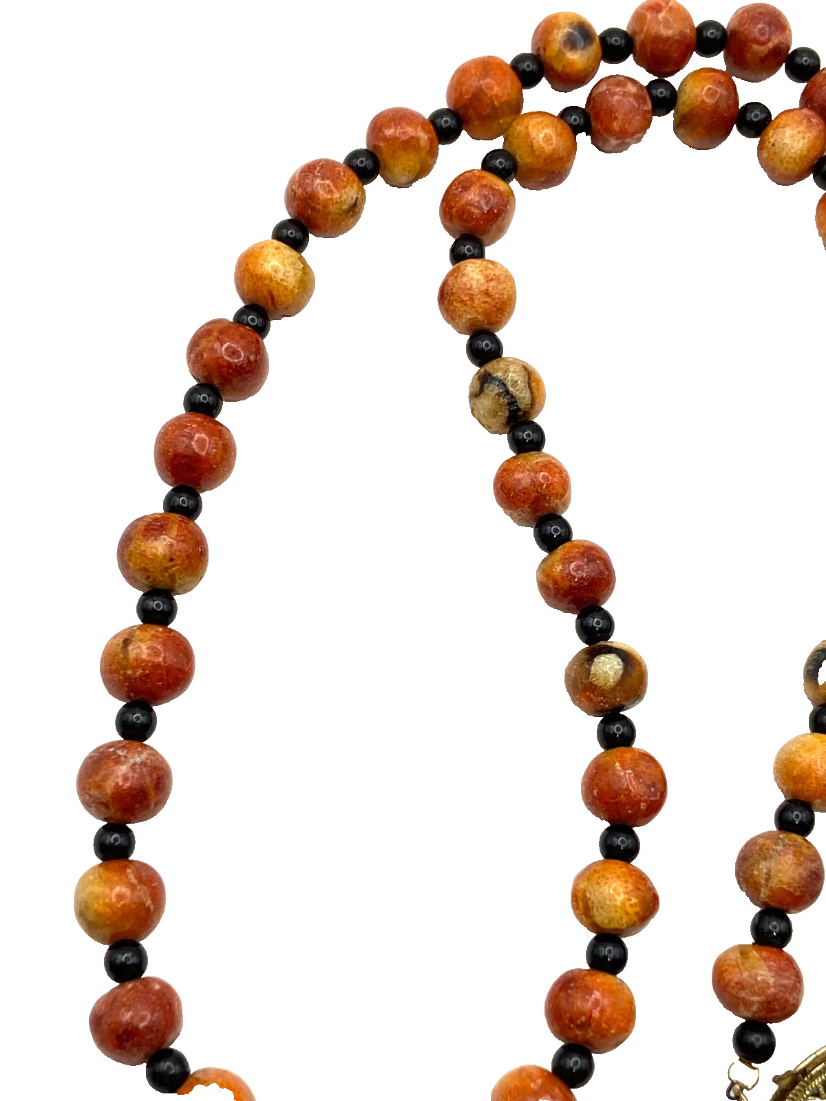 Vintage Apple Sponge Coral Red/Orange Beaded Necklace Black Agate? Gold Tone 24″