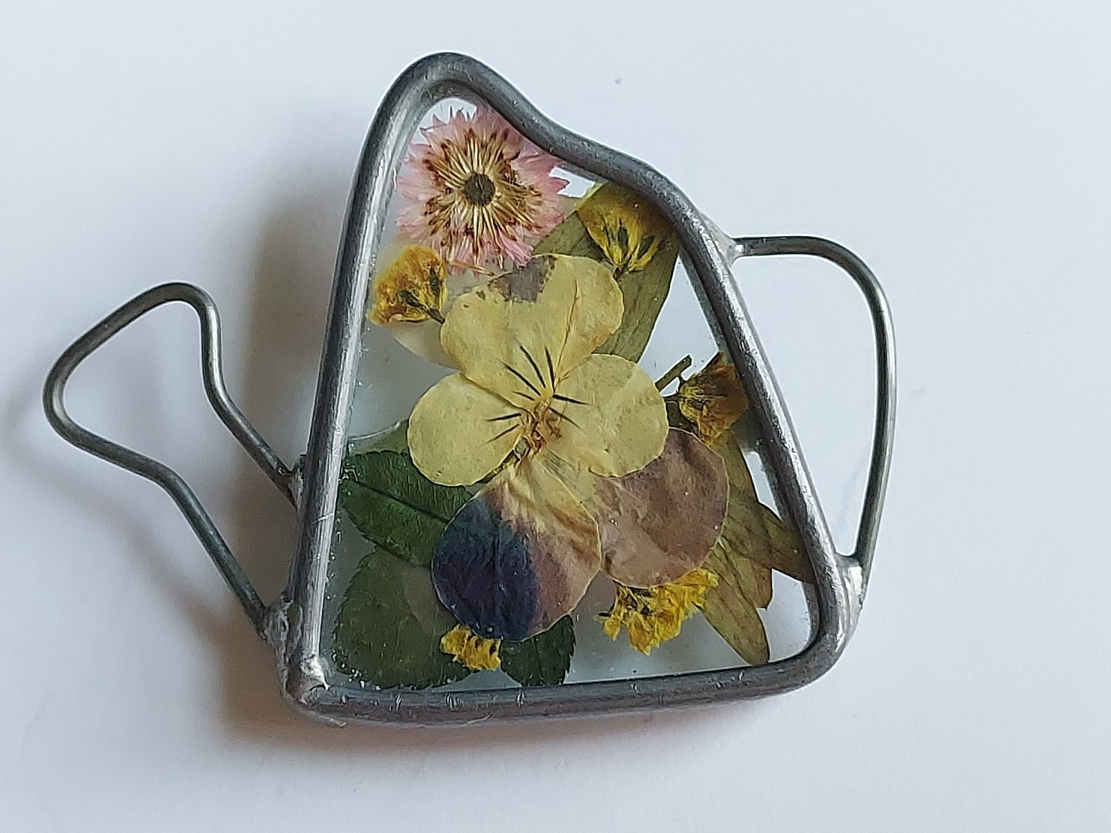 Vintage Flower Pin Watering Can Garden Signed Papel Incassed Glass Violet Brooch