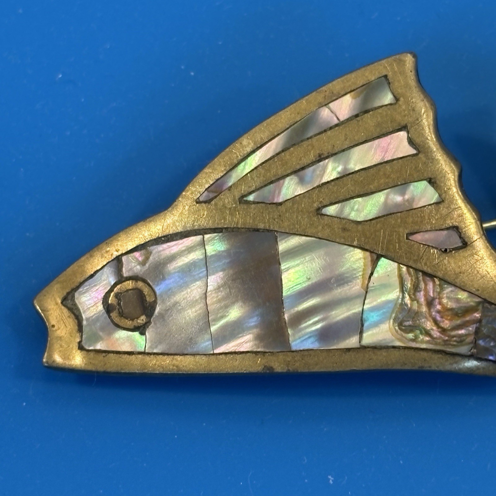 Los Castillo Taxco Mexico Brass Abalone Fish Brooch Pin Signed 2.25″ Vintage