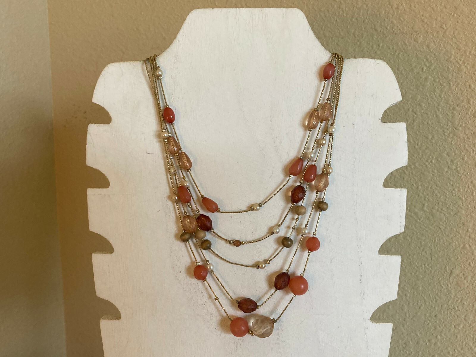 Vintage Five Chain Faux Pearl, Brown and Peach Bead Gold Tone Necklace – 16″