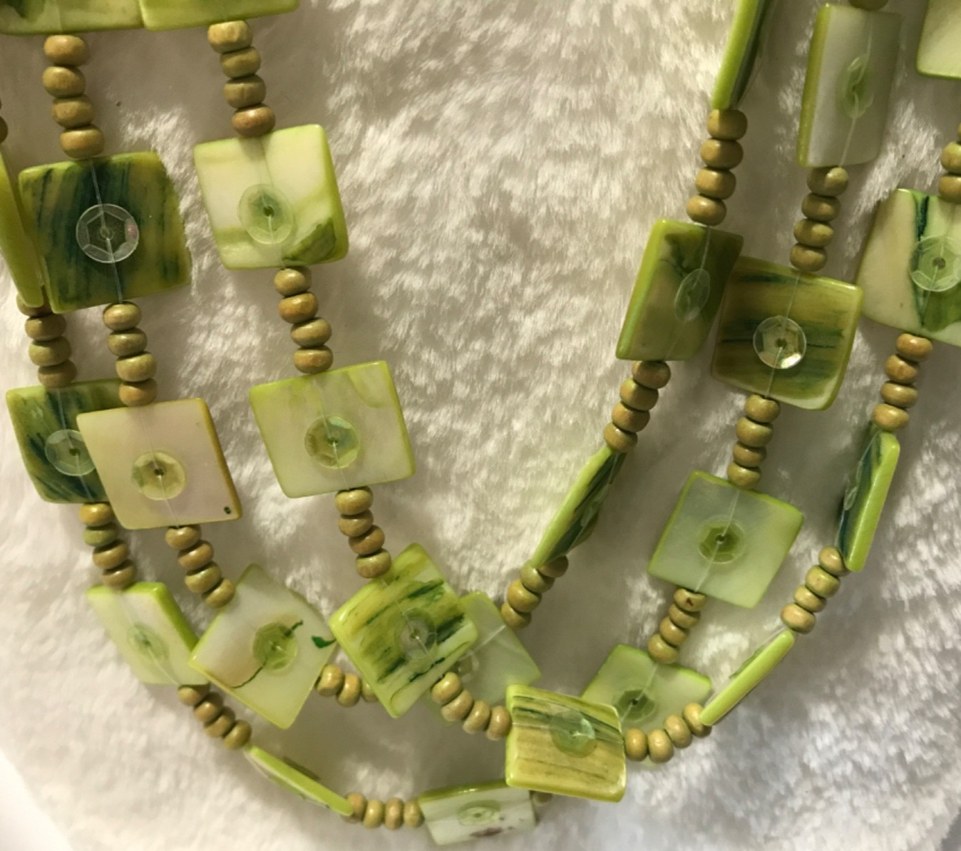 Green Sea Shell Wood Bead Necklace Artisan Handmade Boho Multi Strand