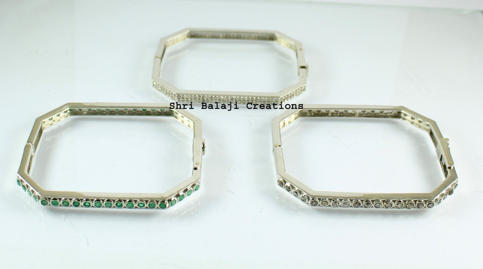 Natural Rosecut Diamond Emerald 925 Sterling Silver Bangle Jewelry