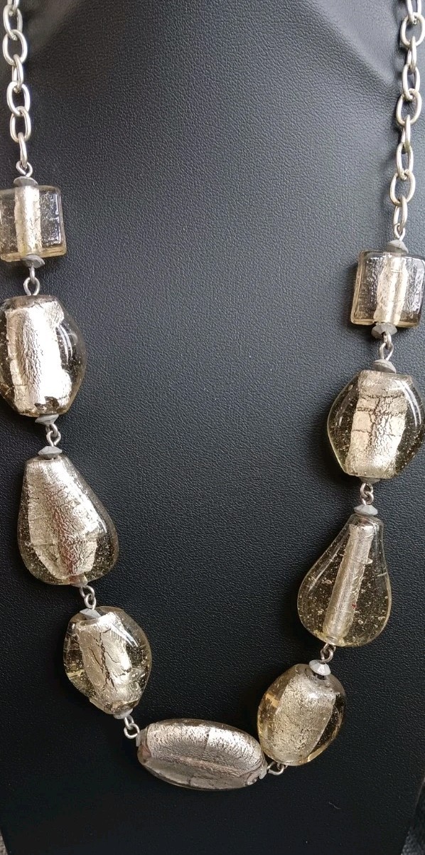 Vintage statement Necklace W/large Clear & Silver foil Beads In Different Shapes
