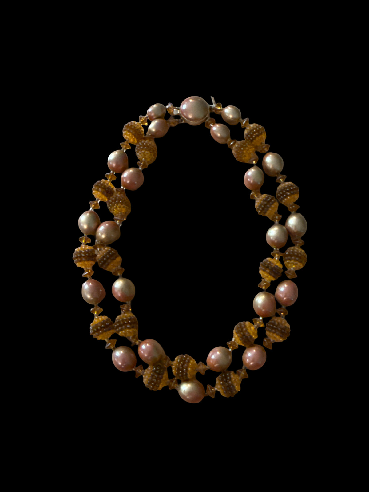 Vintage Made In Hong Kong Amber Gold Crystal Beaded Multi Strand Necklace Mod