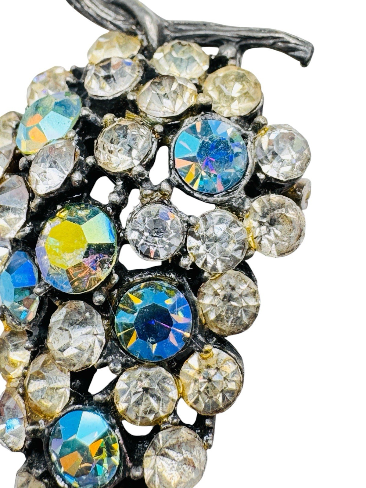 Vintage AB Rhinestone Grape Cluster Brooch Pin Silver Tone