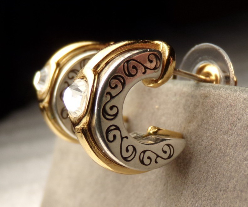 VTG BRIGHTON SILVER PL. GOLD ACCENT CUT AUSTRIAN CRYSTAL HOOP PIERCE EARRINGS