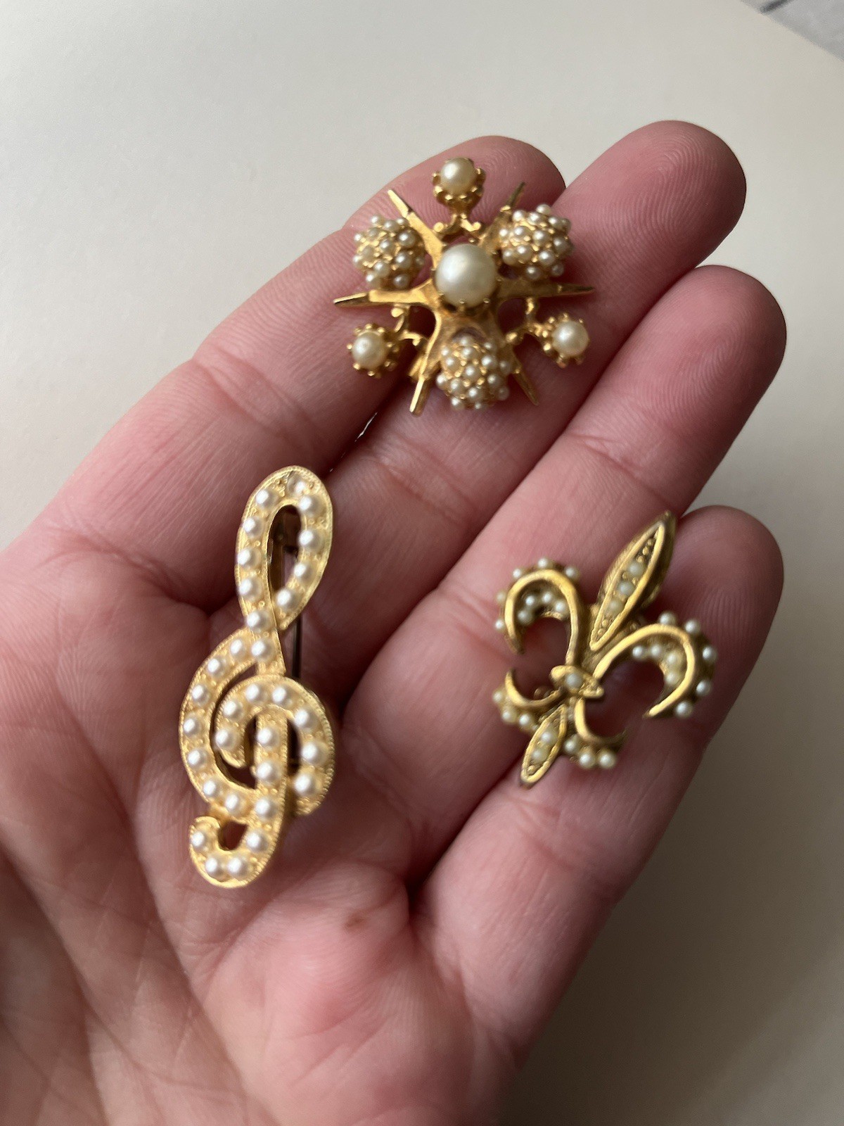 Vintage Seed Pearl Brooch Lot BSK ART TACOA moon fleur de lis Victorian Revival