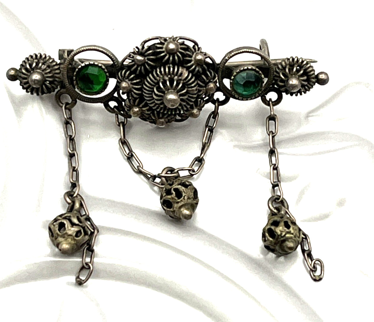 Antique 800 Silver Green Paste Cannetille Dangle Bar Pin 1.5″