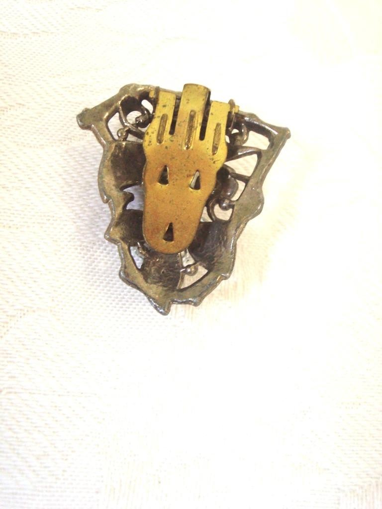 Art Deco New England Glass Works Dress Clip Rhinestone Flowers Brown Leaves KJ