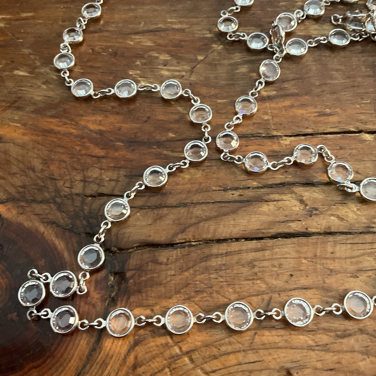 Vintage 36” Bezel Set Clear Austrian Crystal Open Back Discs Silver Tone