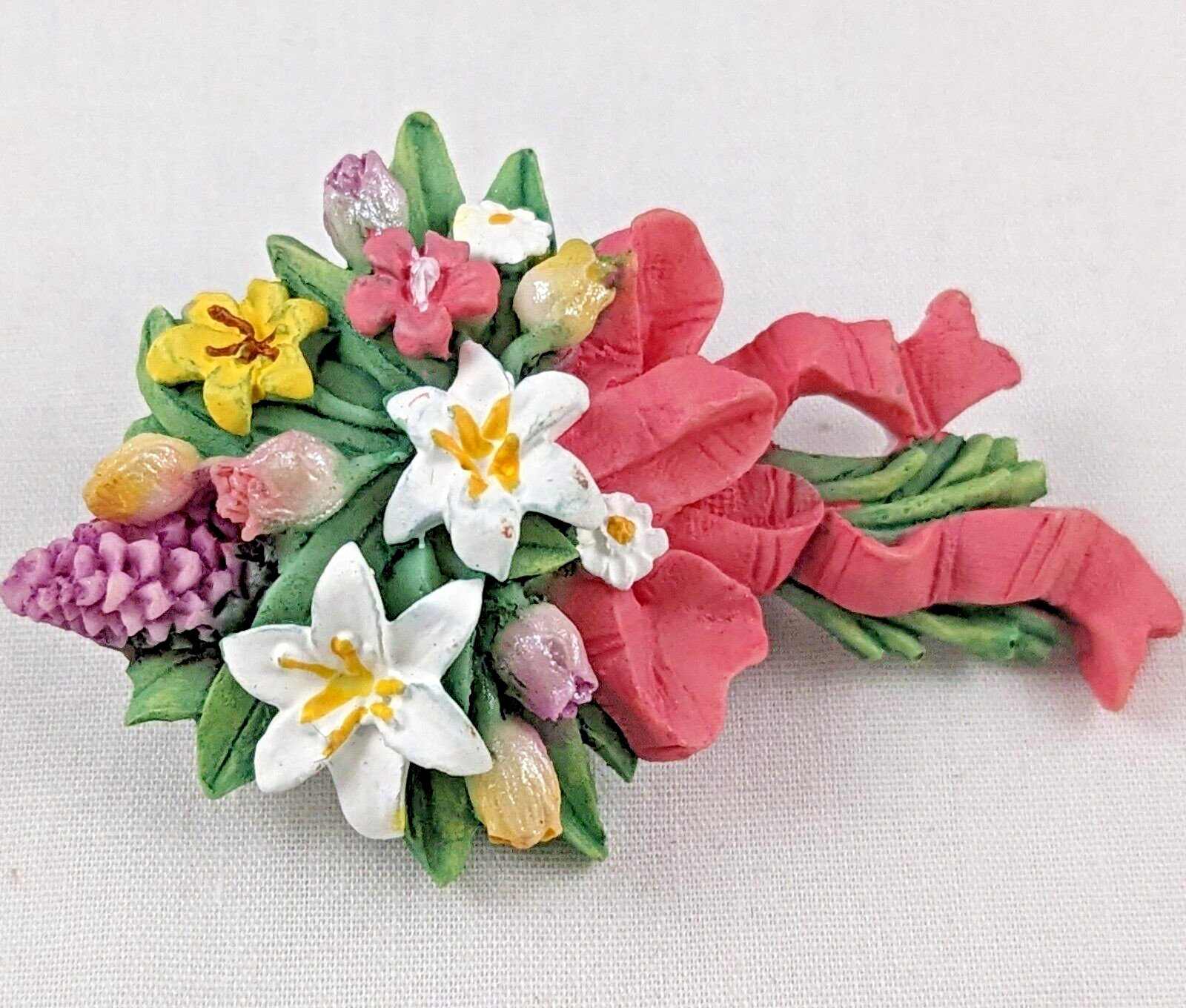 VTG Hand Painted Floral Bouquet Design Brooch Pin Costume Jewelry Flowers Multi