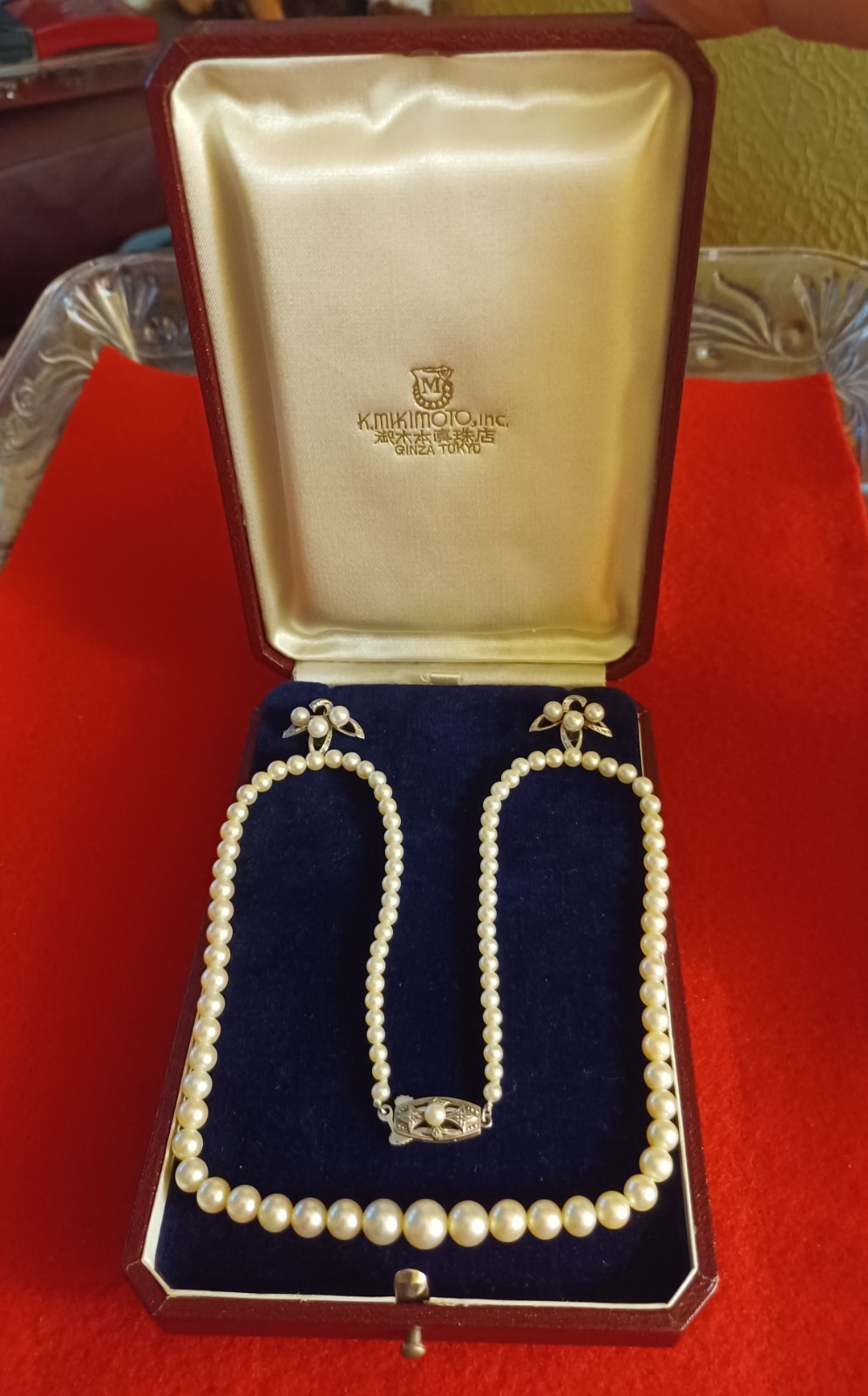 Vintage Mikimoto Pearl Necklace ~ Graduated ~ Mikimoto Earrings ~ Silver ~ Case