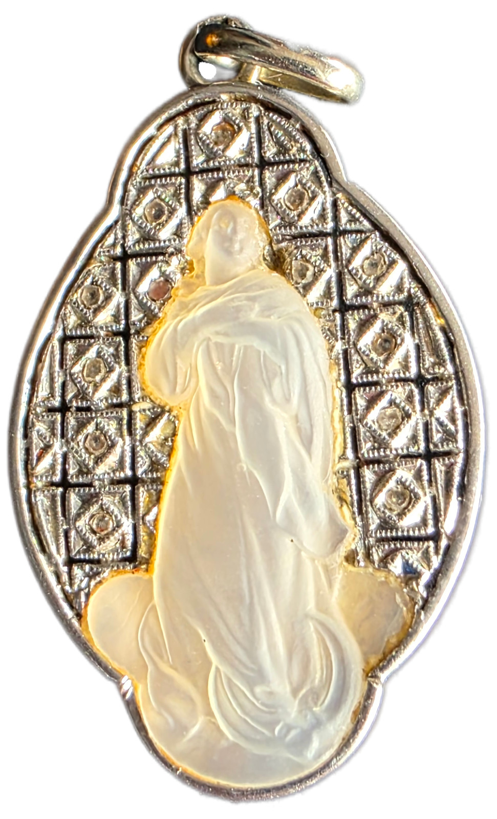 Antique 18k Gold Virgin Mary Medal – Real Diamonds & Mother of Pearl