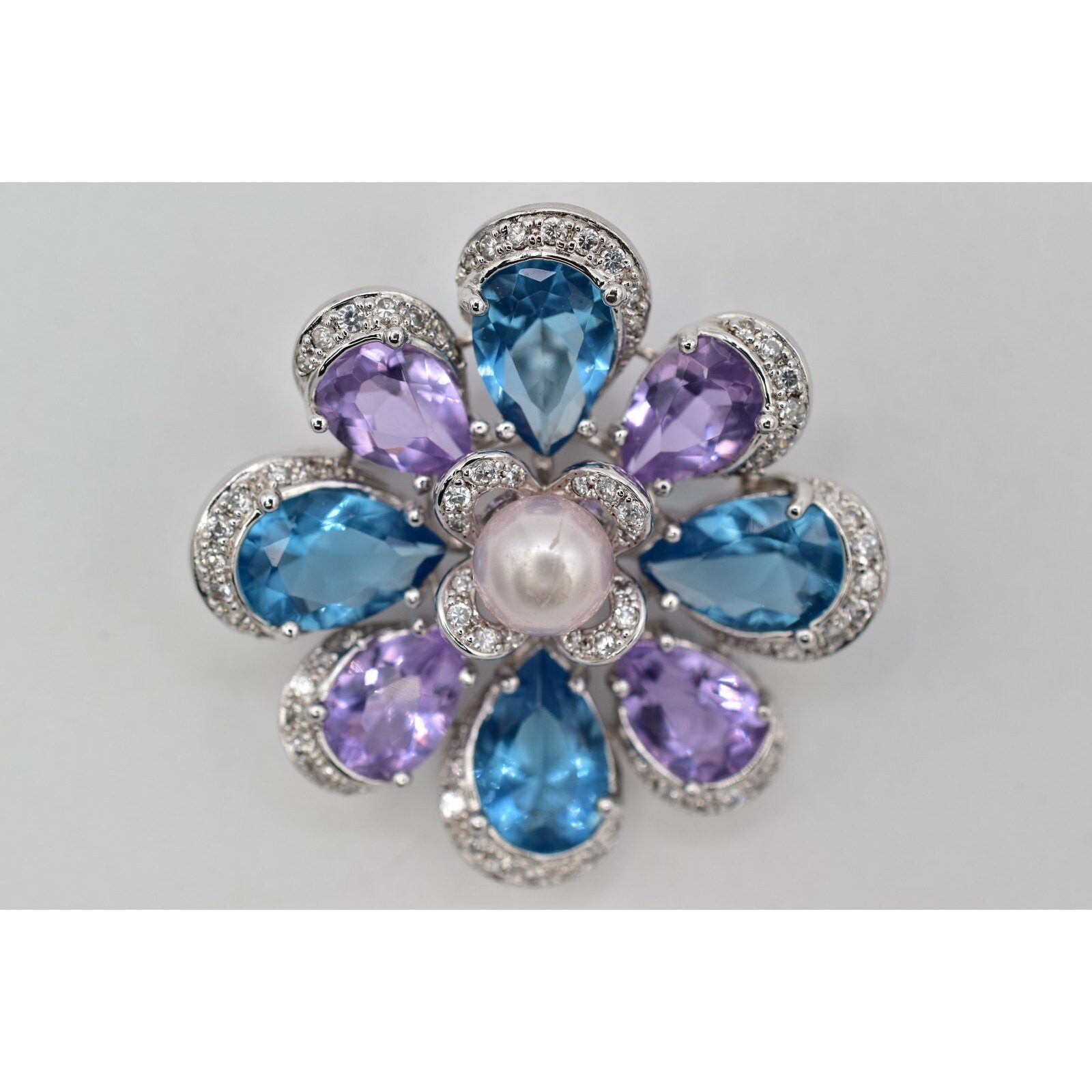 925 Sterling Silver Crystal Flower Pendant Pin Brooch Purple Blue Signed BinBI