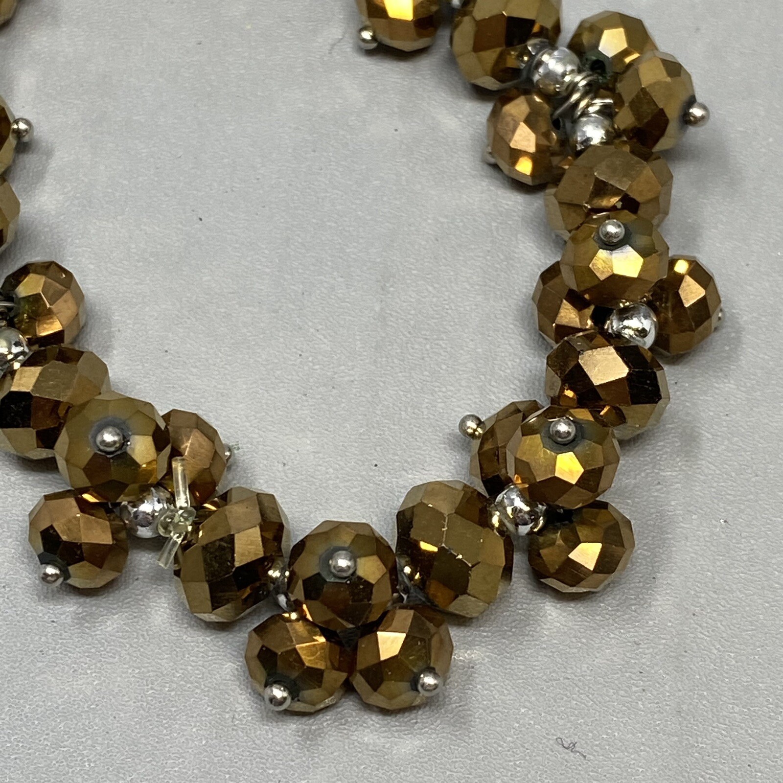 Stretch Bead Bracelet Gold Faceted Glass Cluster Fire Polished Iridescent 7″