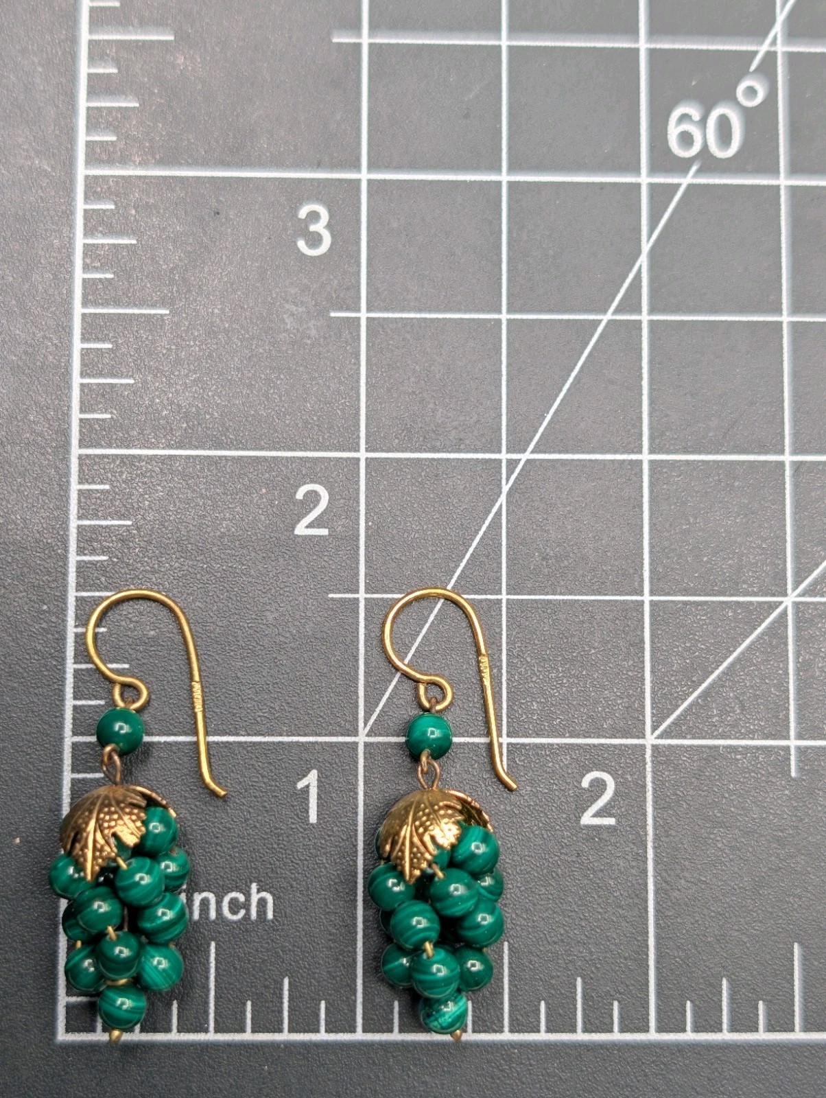 800 Silver Marked Gold Tone Malachite Round Beaded Cluster Grapes Earrings