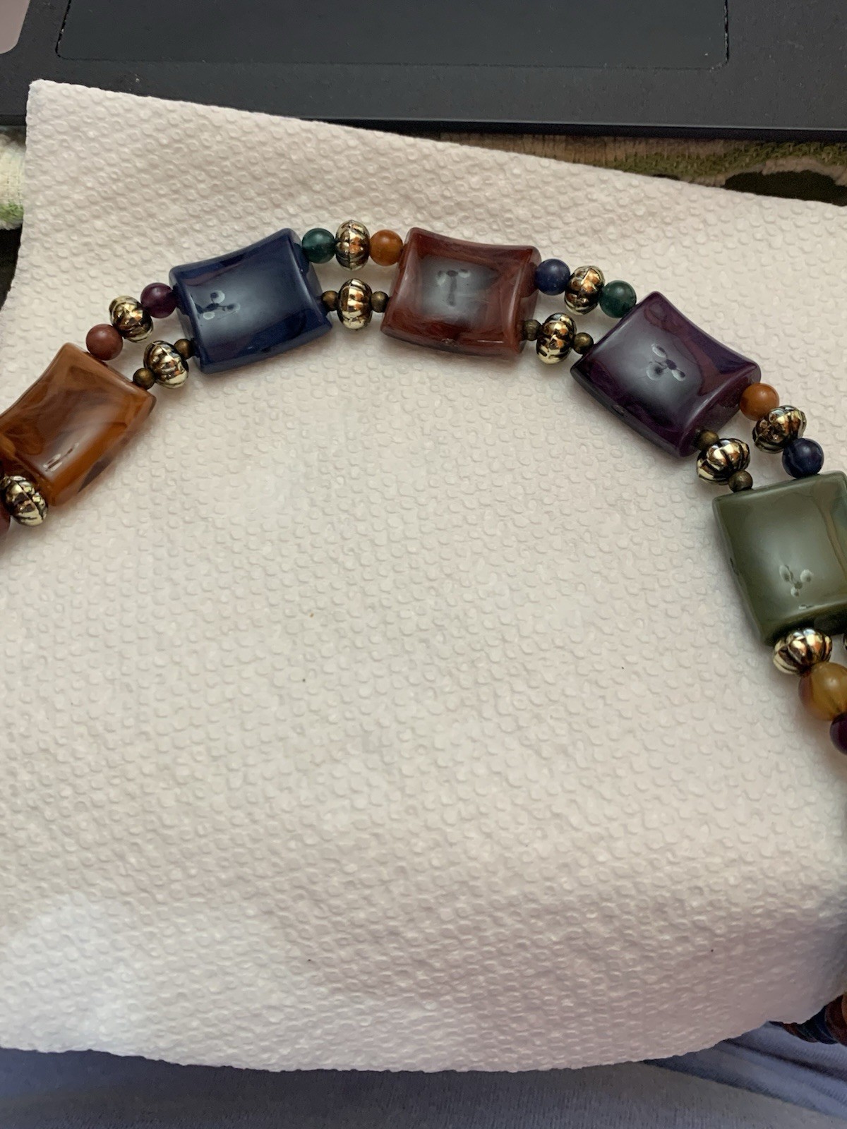 Vintage Multicolor Acrylic Chunky Faux Stone Choke Gold Tone Beaded Necklace 19″