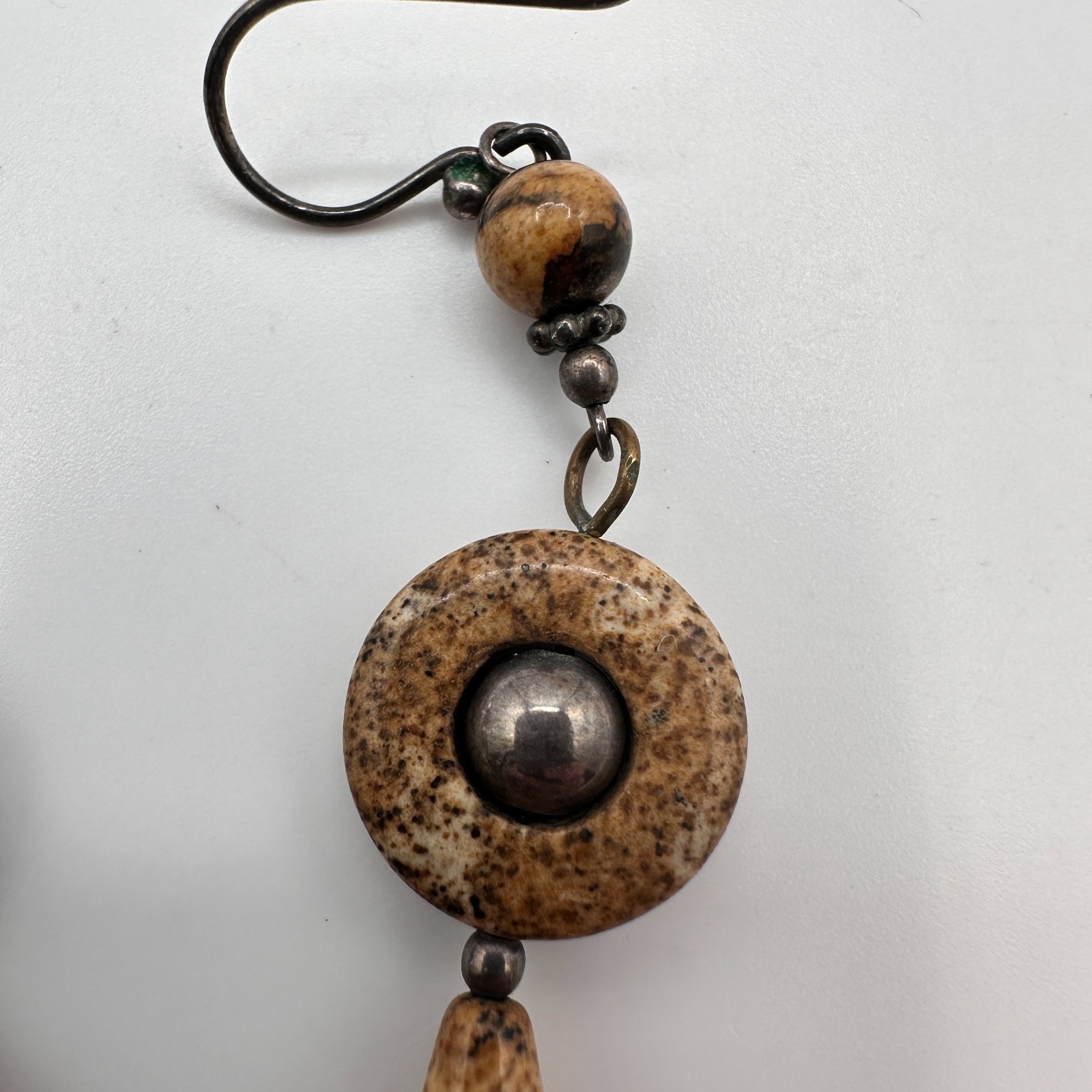 Vintage 90s Natural Jasper Stone Dangle Earrings Brown Boho Earthy Drop Jewelry