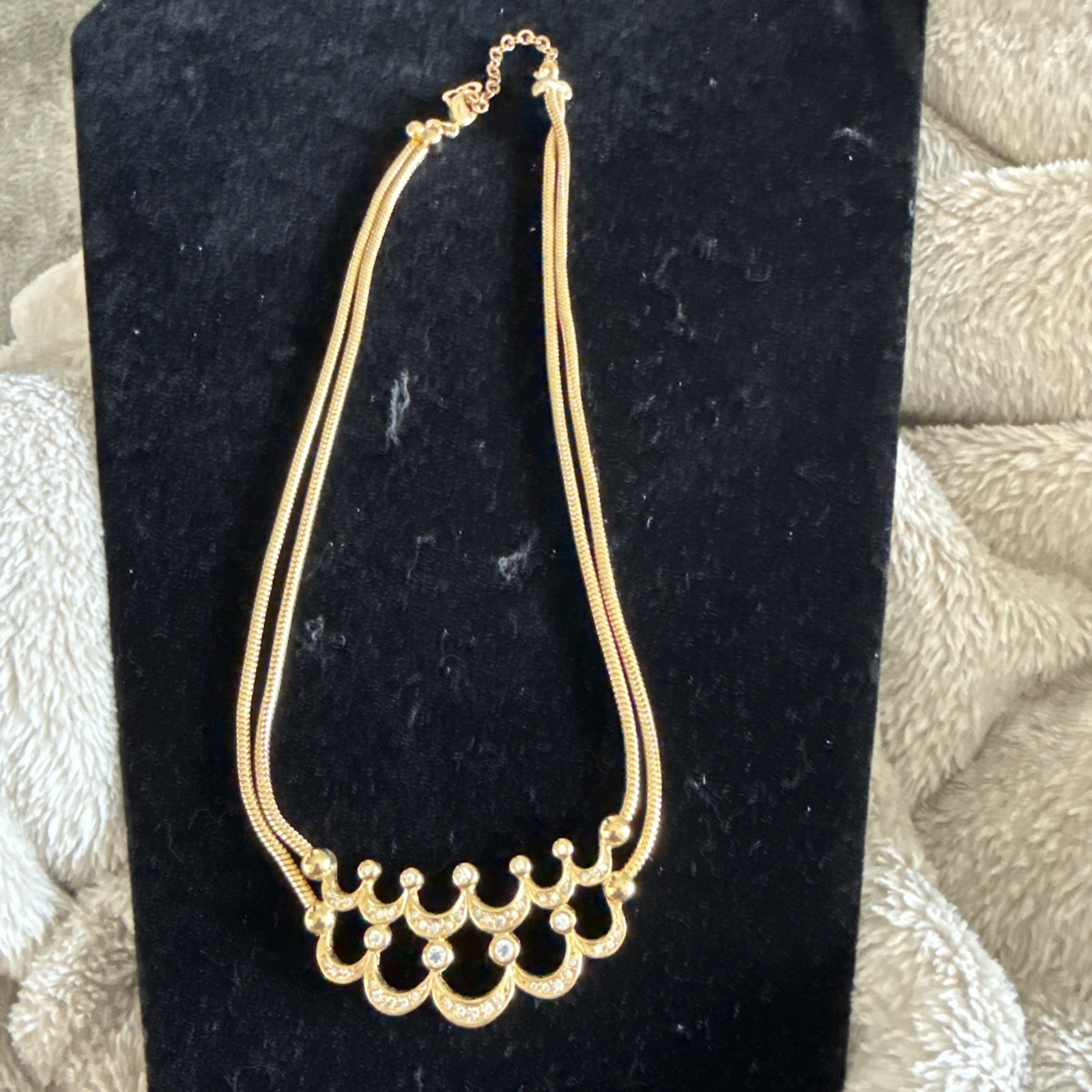 VINTAGE CHRISTIAN DIOR DOUBLE CHAIN CRYSTAL NECKLACE ADJ 16-18”