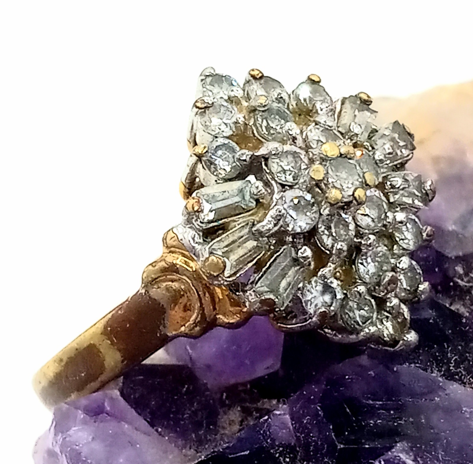 Vintage Womens Cluster Ring Baguette & Round Rhinestones, 14Kt Plated Size 6.25