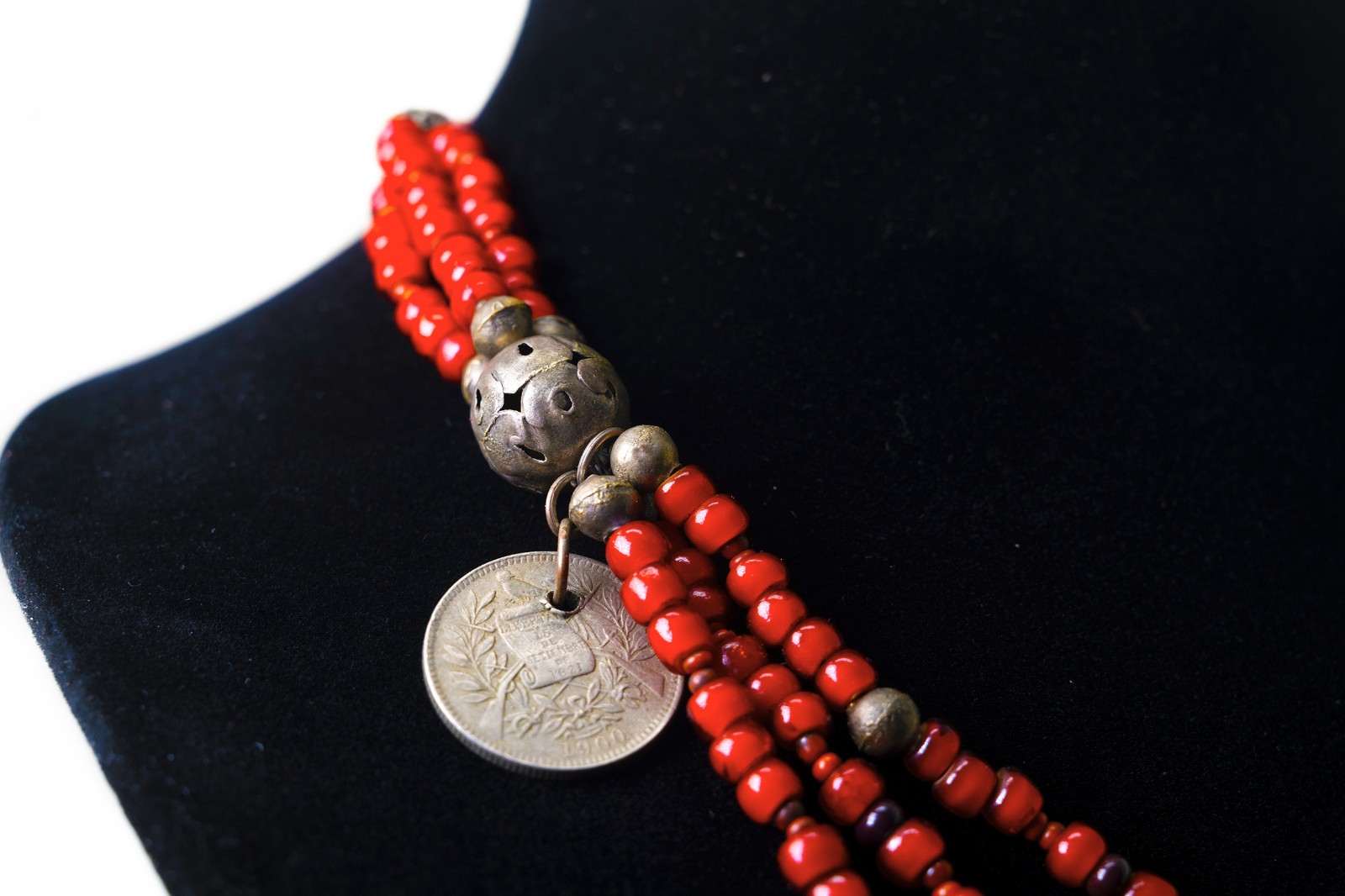 VTG Chachal Necklace w/ White Heart Beads, Guatemalan Coins, & Milagros Charms