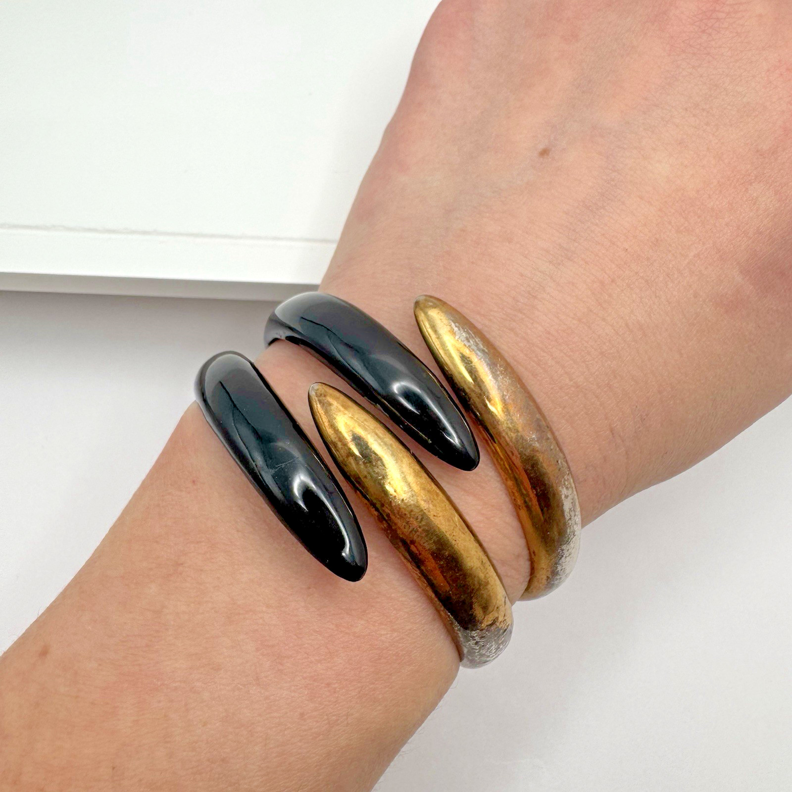 Metal Clamper Claw Vintage Black and Gold Tone Bangle Bracelet fits 6-8” Bold