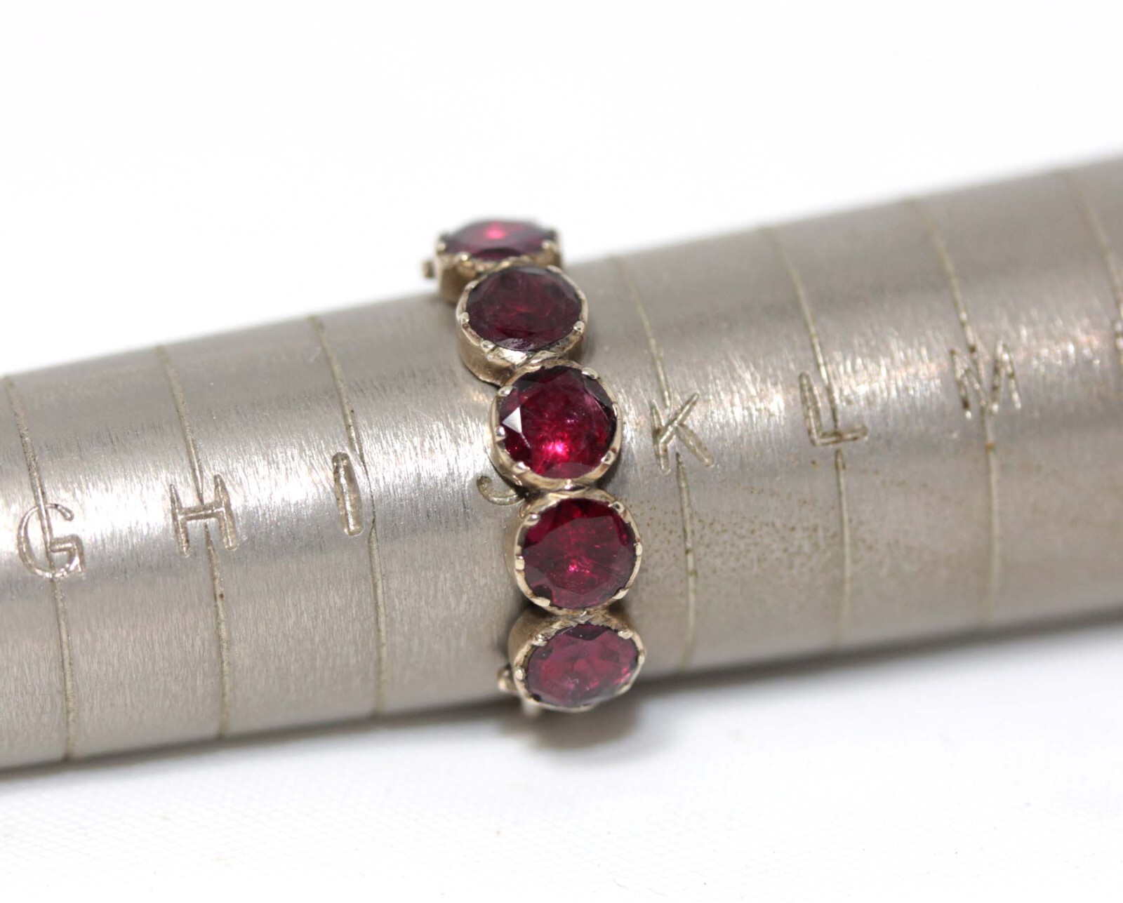 PRETTIEST GEORGIAN 9CT GOLD FIVE GARNET HALF HOOP RING in AMAZING CONDITION