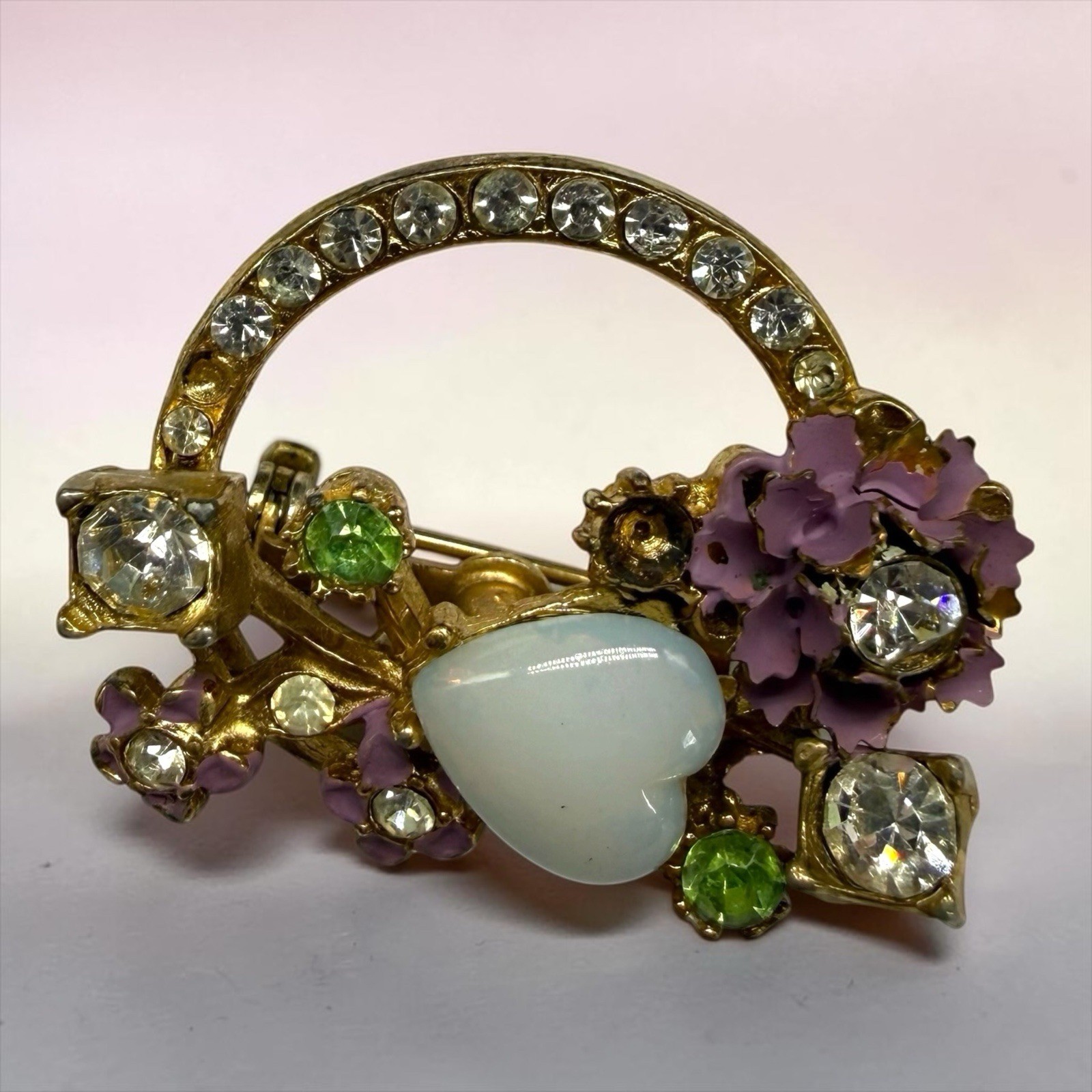 Circle Wreath Enamel Flower Opalescent Heart Rhinestone Pin Brooch As Is 1960s