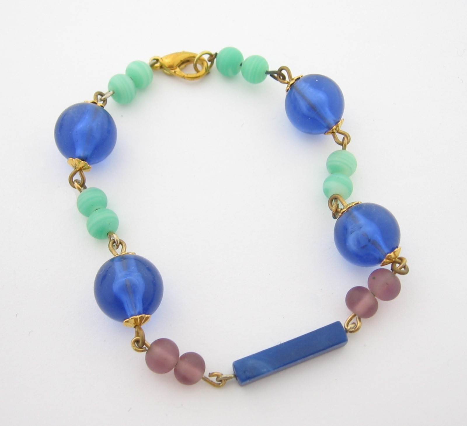 BEAD BRACELET Vtg BLUE and GREEN PURPLE Vintage Goldtone 8″ Length Beaded