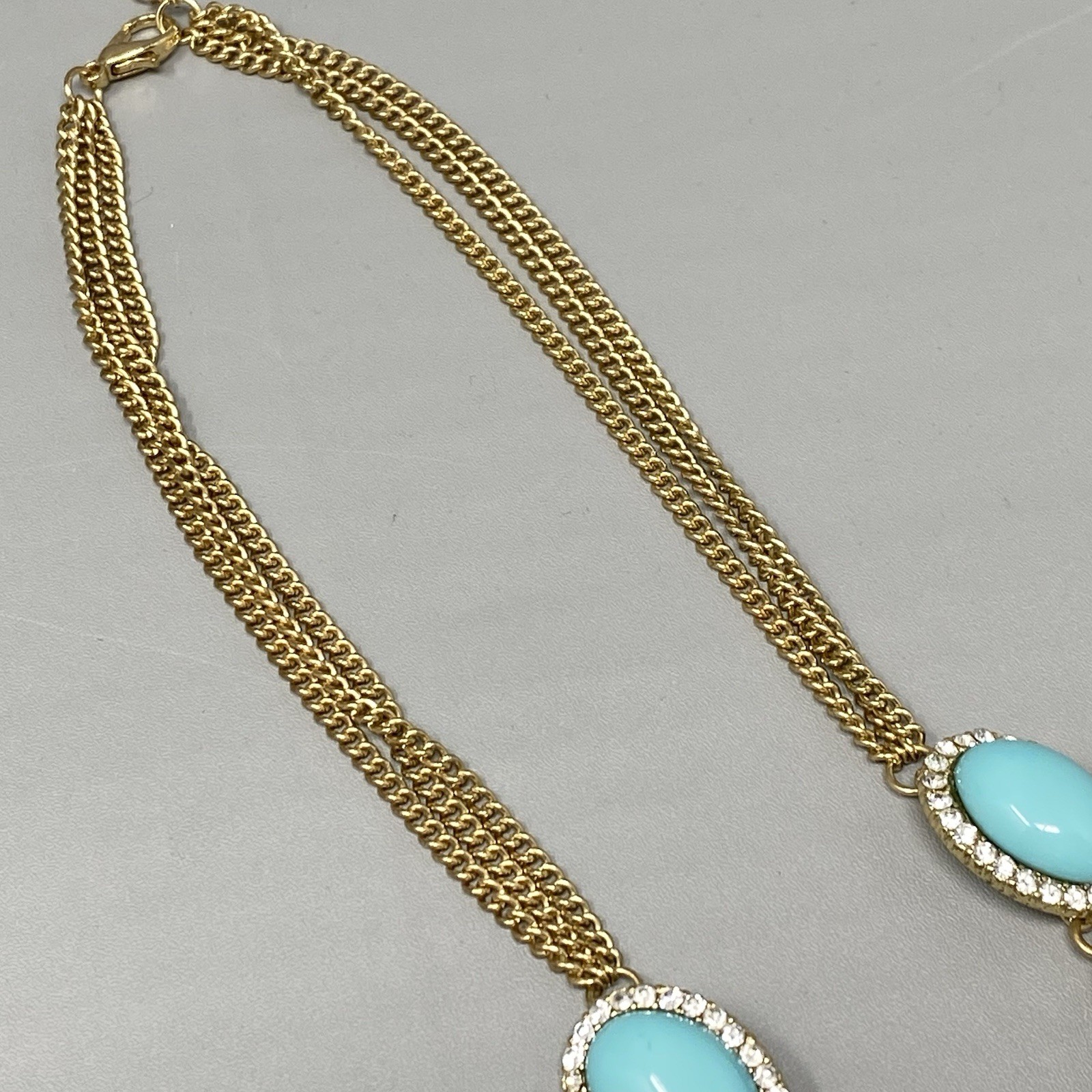 Chunky Statement Necklace Turquoise Cabochons Gold Tone Double Chain Collar 21″