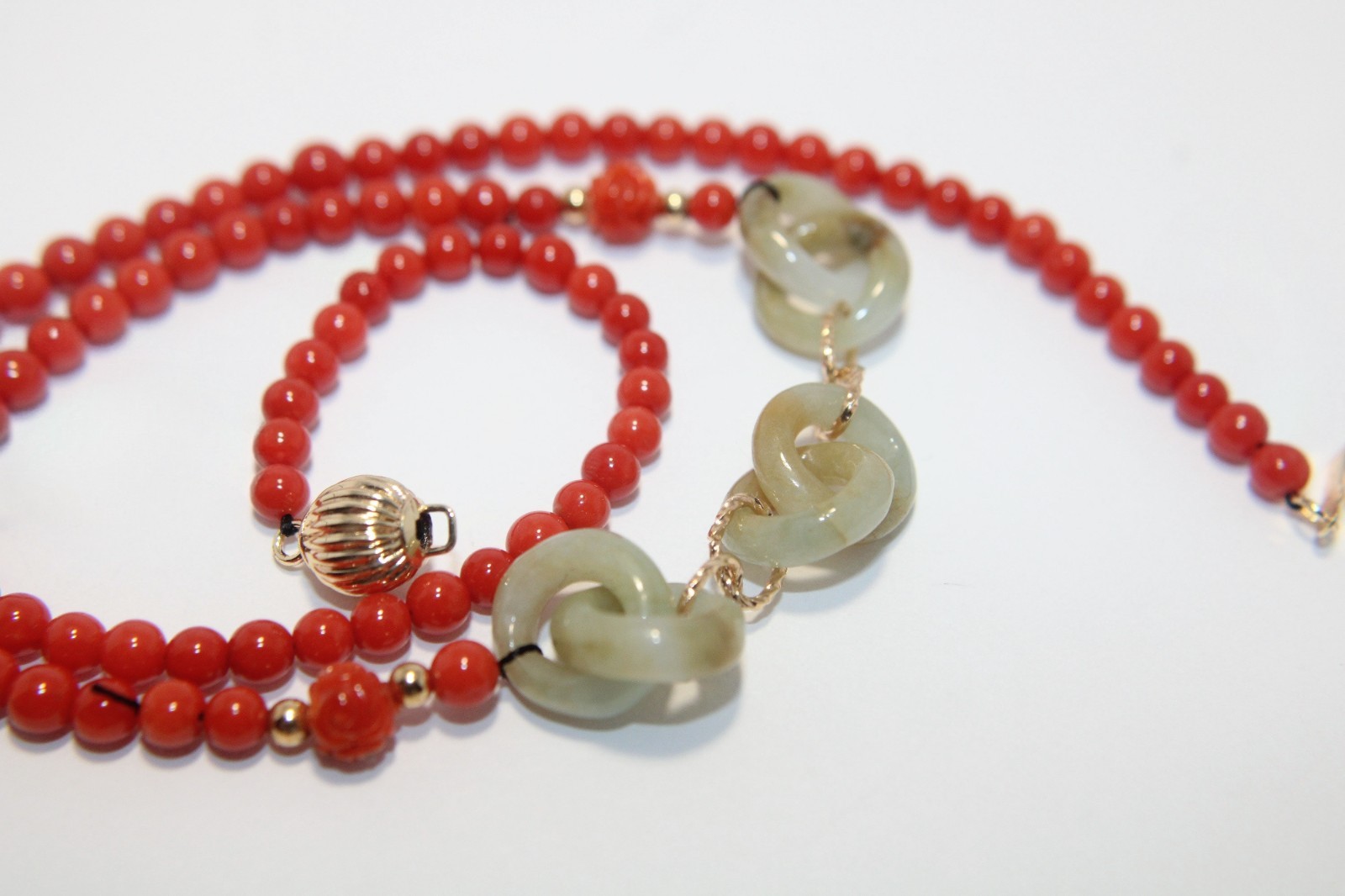 Italian Natural Red Coral Interlocking Jade Necklace