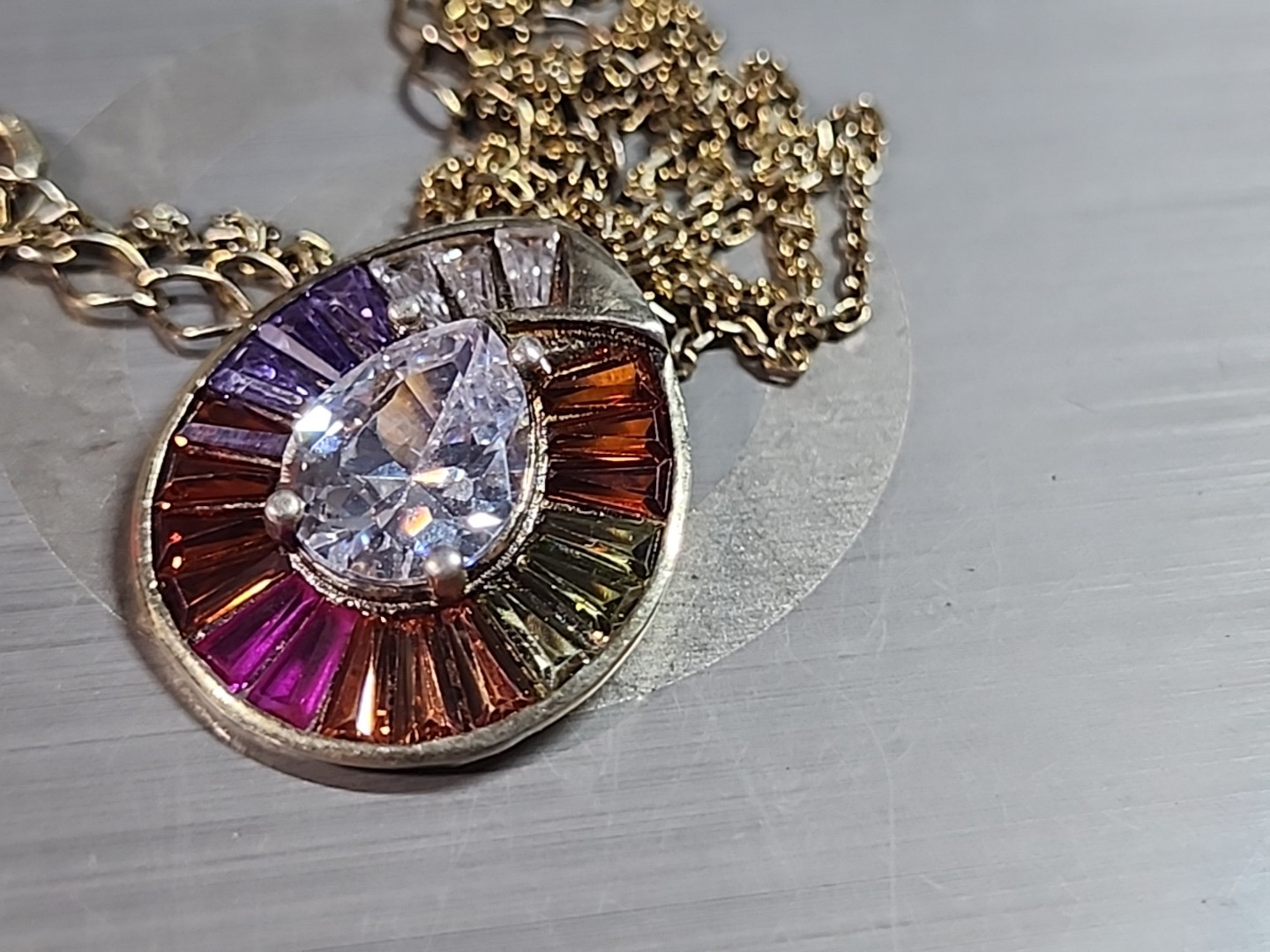Rainbow Cluster Stones Teardrop Pendant Gold Over .925 Silver 17.5″ Necklace
