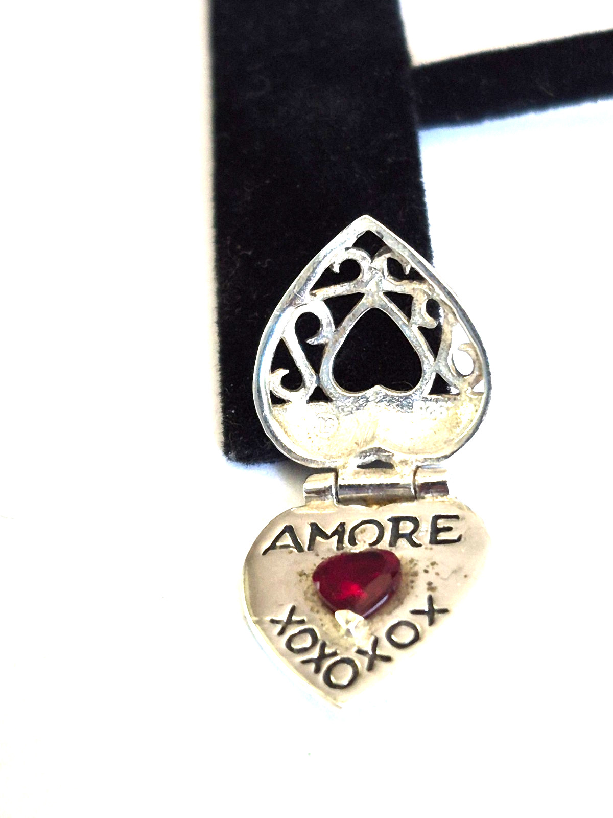 Vintage Sterling Silver Marked SU Ruby Scroll Work Double Heart Love Pendant