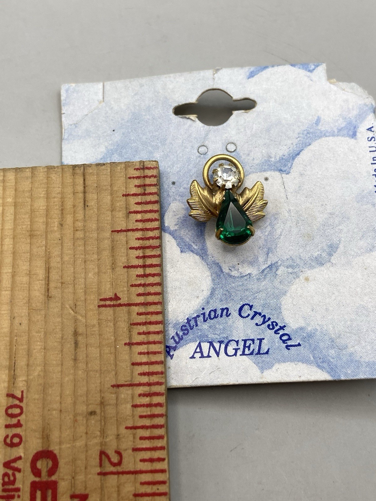 NOS Vintage Emerald Green Angel Lapel Pin w/Australian Crystal May Birthstone