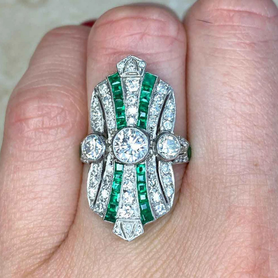 Art Deco Style Old European Cut Lab-Created Diamond And Emerald Ring 925 Silver