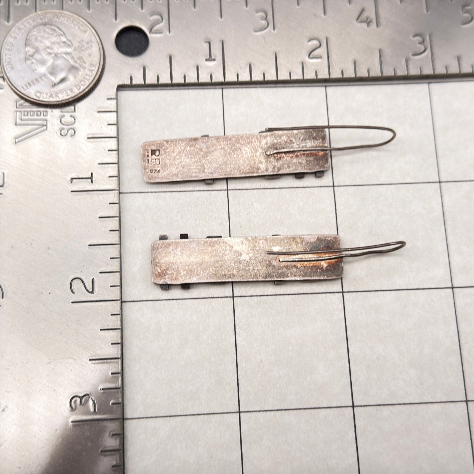 Vintage Modernist Mixed Metal Bar textured Sterling Silver Dangle Earrings