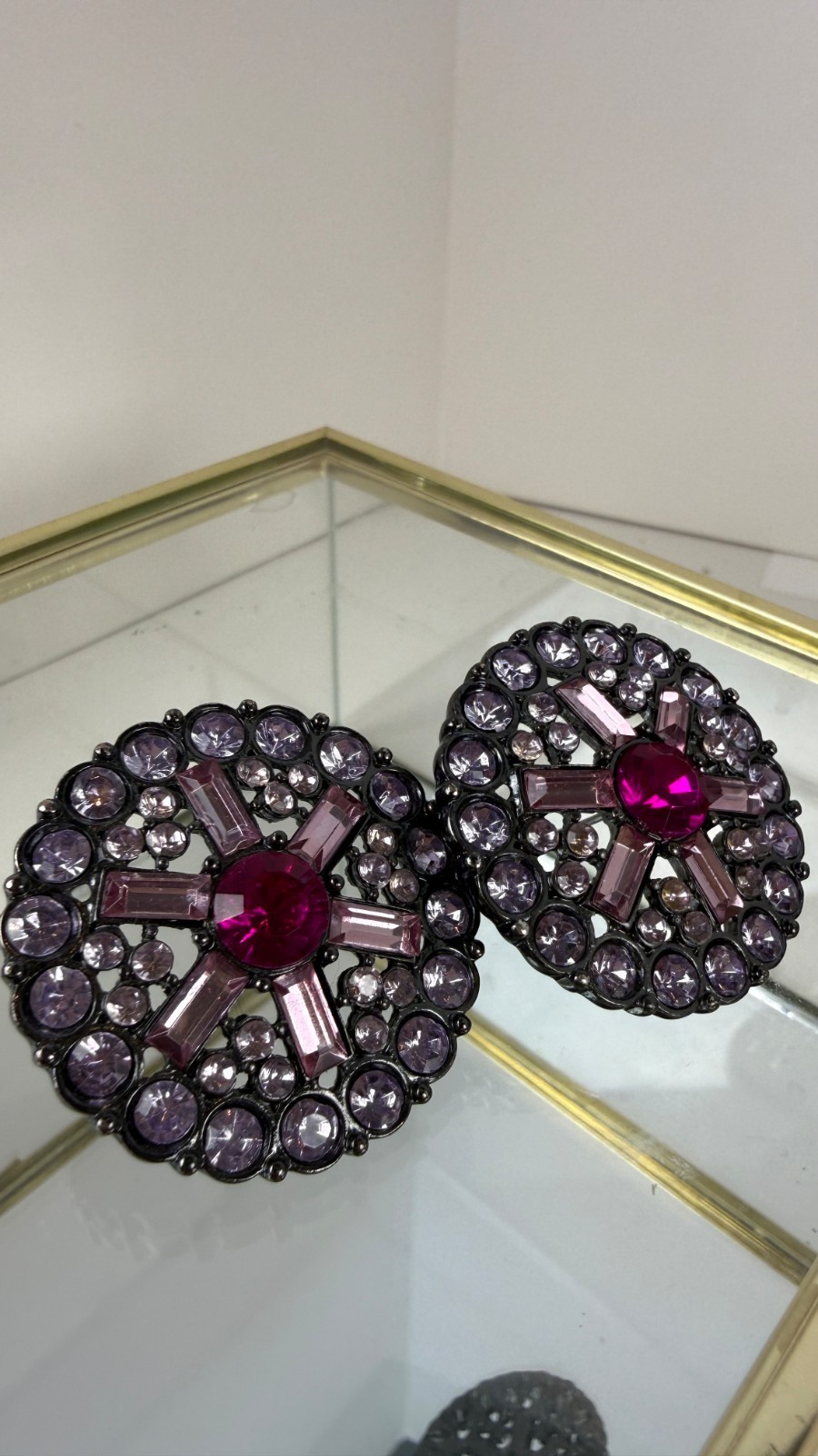 Vintage Gunmetal Pink Glass Rhinestone Statement Stud Earrings