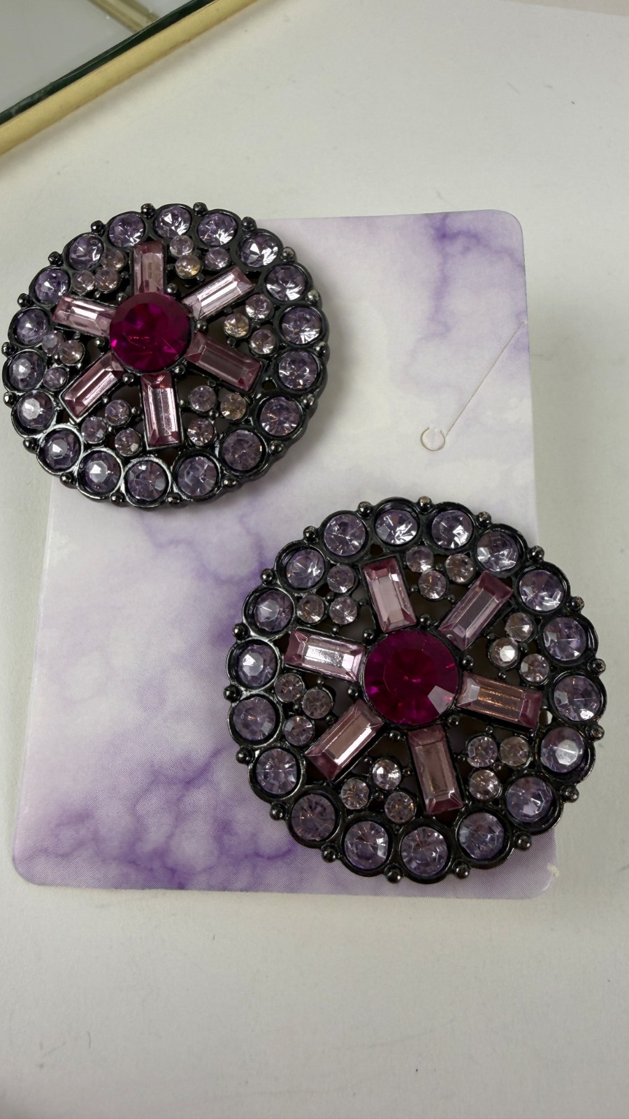 Vintage Gunmetal Pink Glass Rhinestone Statement Stud Earrings