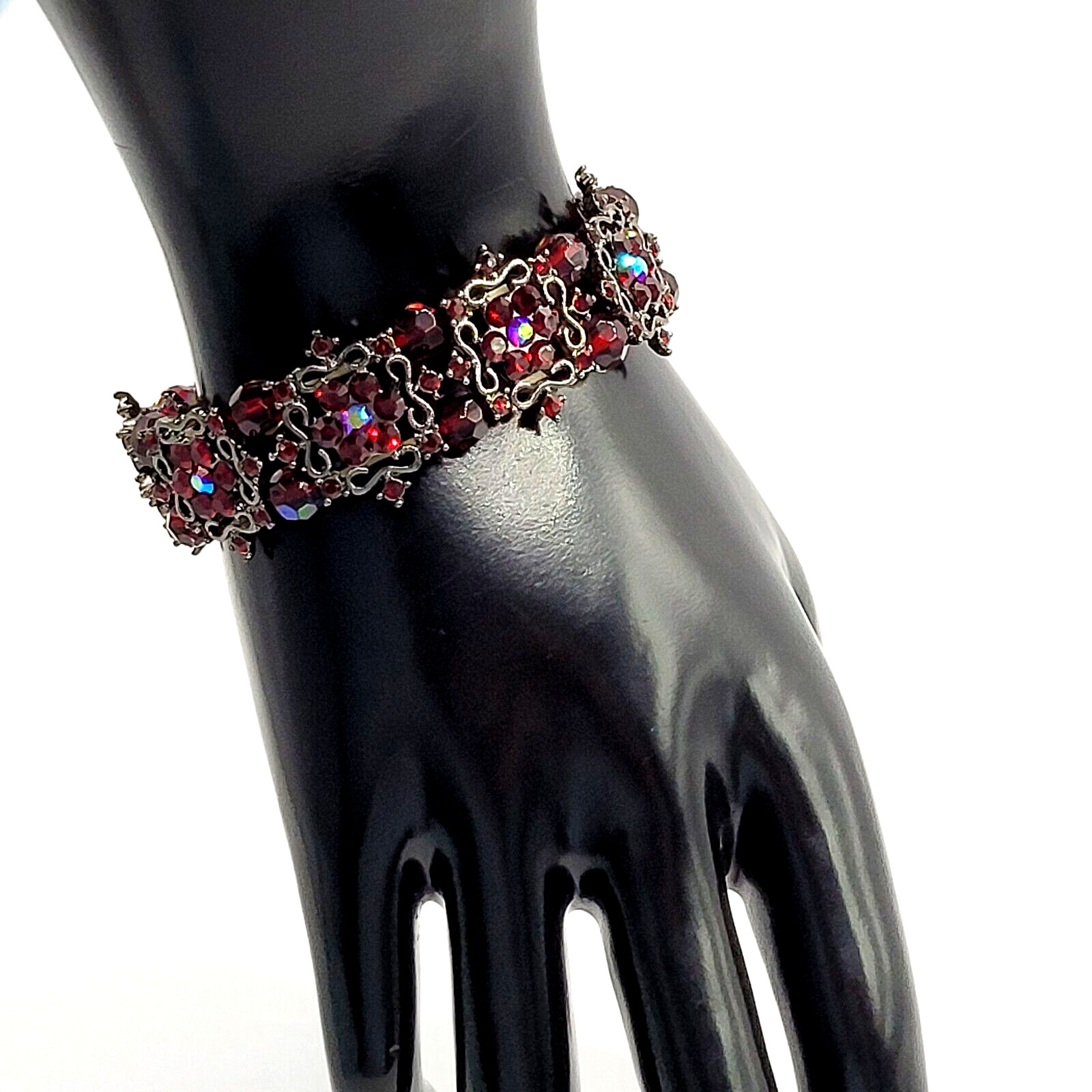 Red AB Crystal Sparkle Flower Floral Metal Ornate Fancy Event Stretch Bracelet