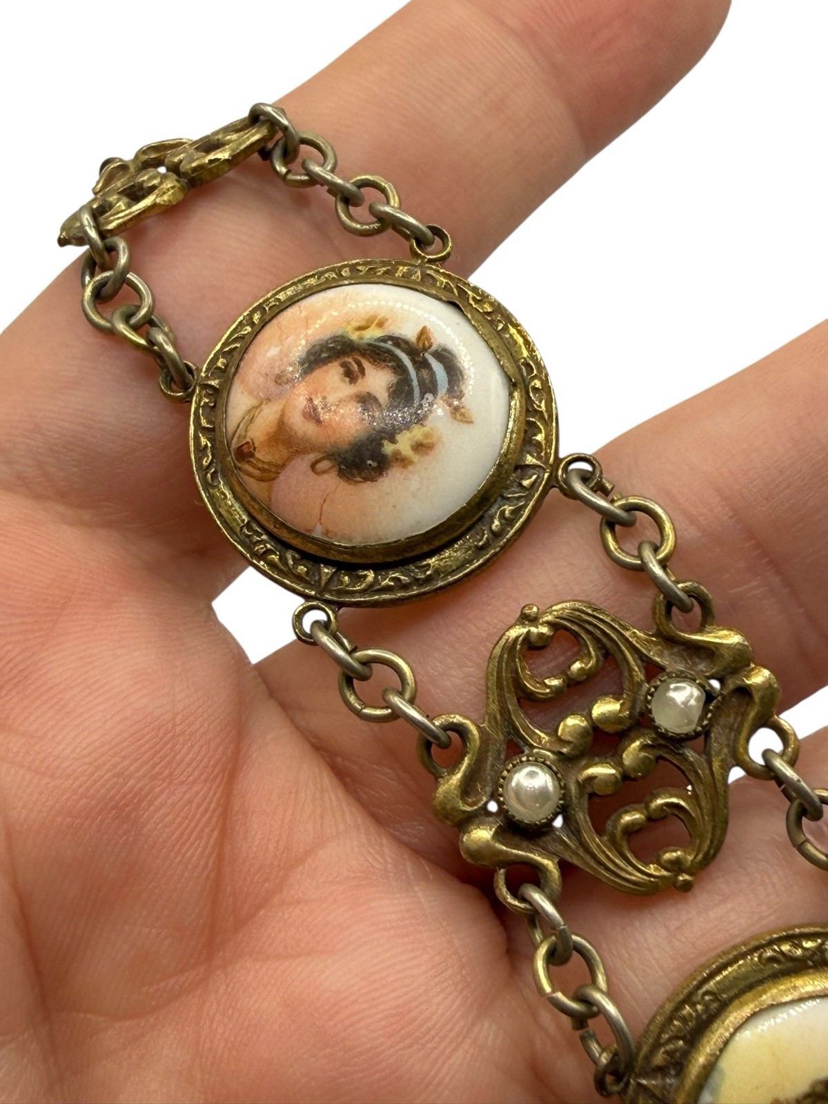 Antique Art Nouveau Austro Hungarian Lady Portrait Porcelain Bracelet Brass