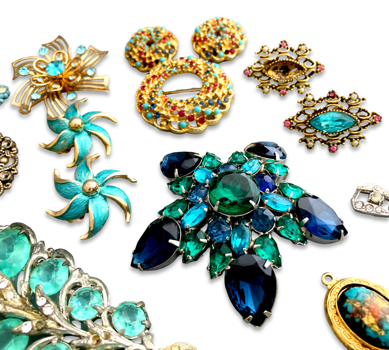 Vintage Blue Rhinestone Costume Jewelry Repair Lot, Brooch Earrings Bracelet Pin