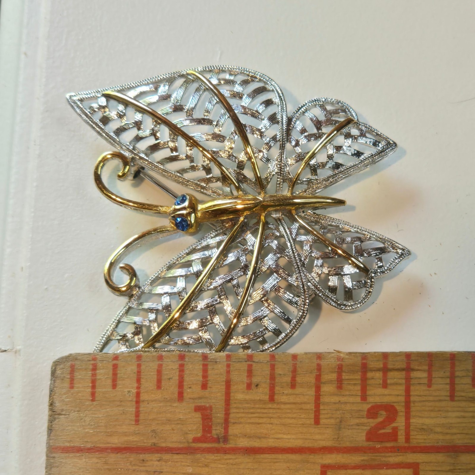 Vintage Avon Butterfly Brooch Silver Gold Tone Filigree Blue crystal Rhinestones