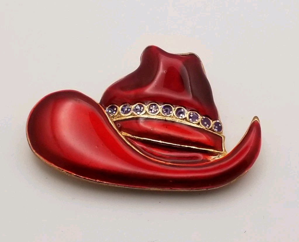 Vintage Red Enameled Hat Shaped Brooch Pin W Purple Rhinestones “Red Hat Society
