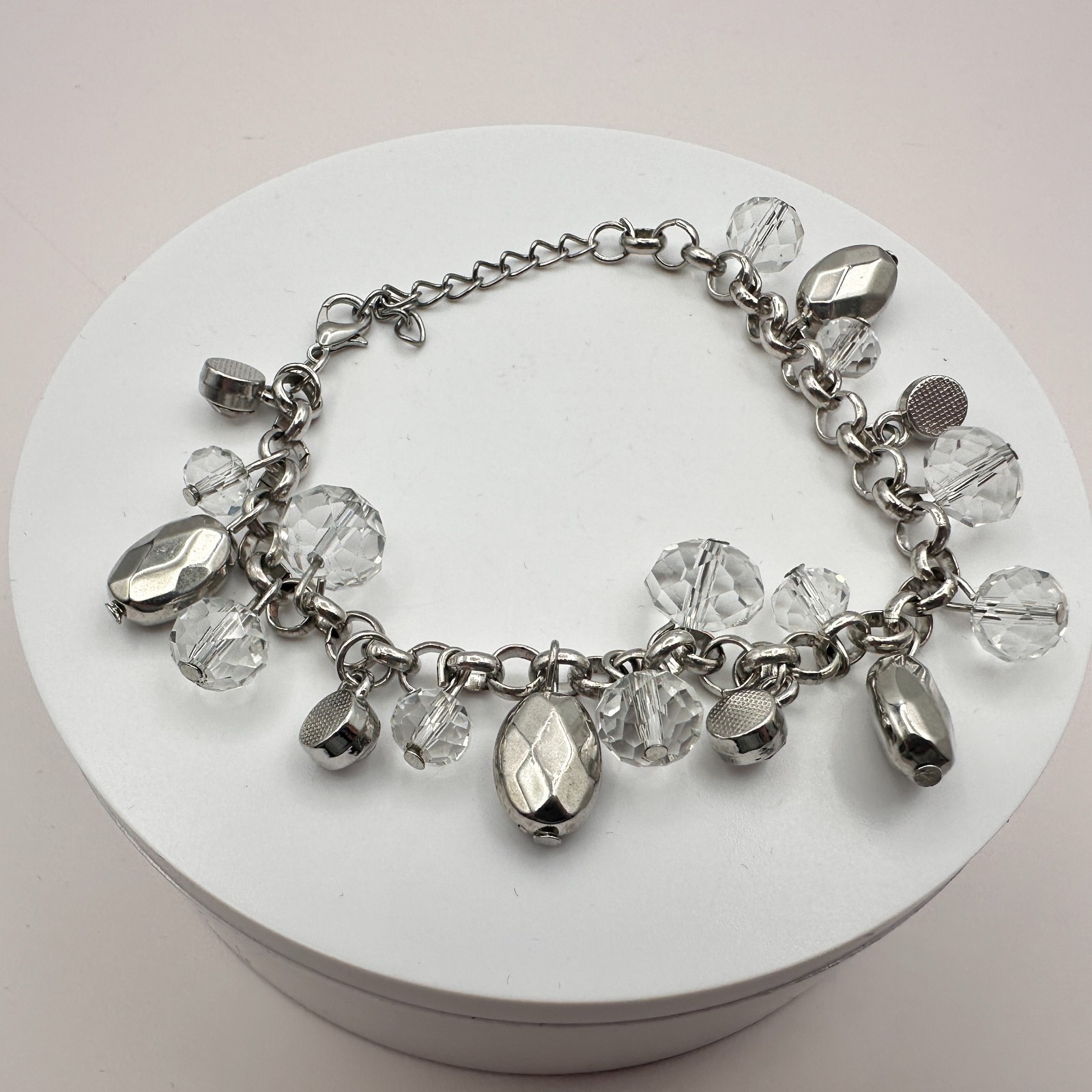 Vintage Y2K Silver Tone Faceted Beaded Charm Bracelet Women’s Classic Jewelry