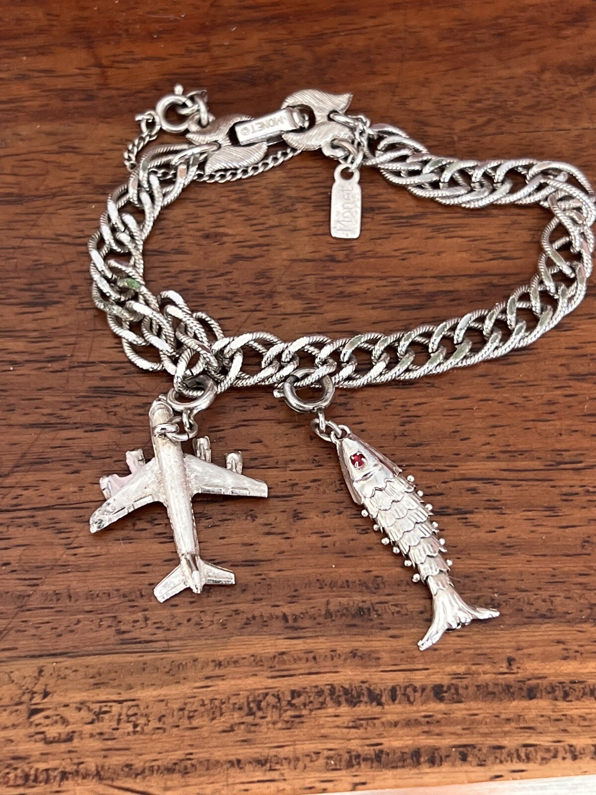 Vintage Silvertone Monet Starter Charm Bracelet Two Charms Airplane Fish 7″