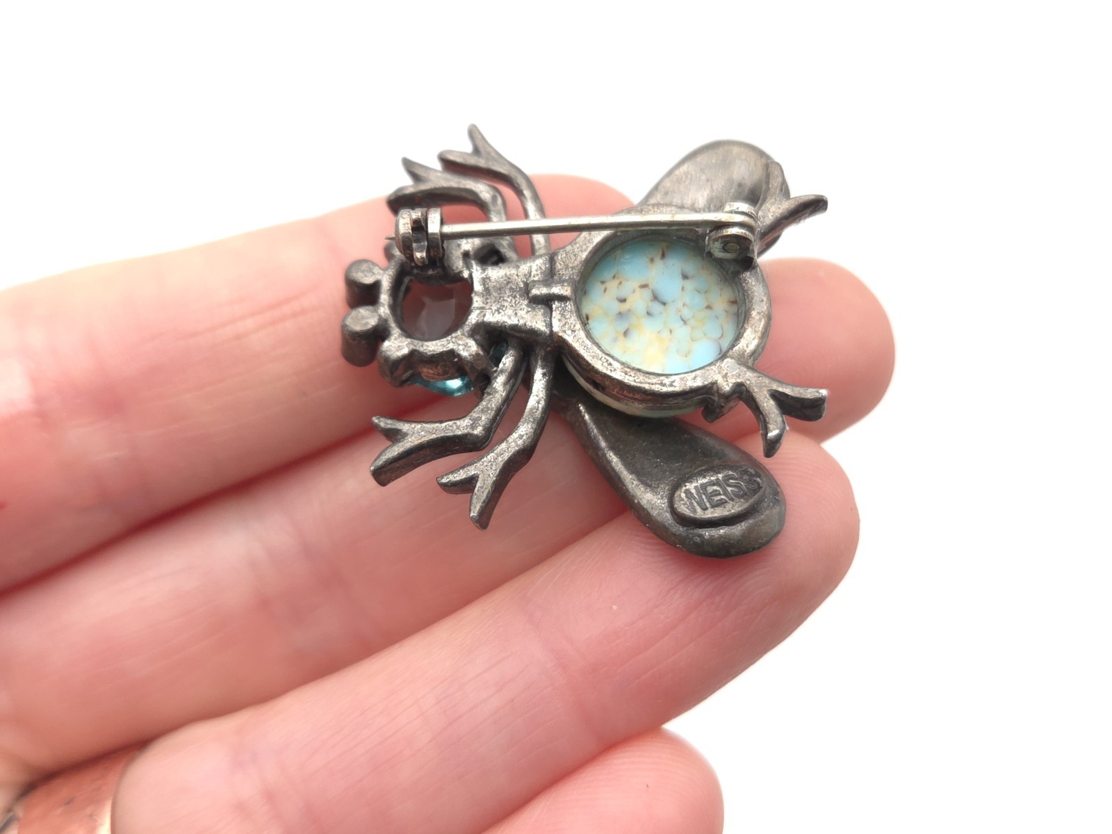 Vintage WEISS Blue Glass Rhinestone Faux Turquoise Bee Bug Beetle Brooch Pin