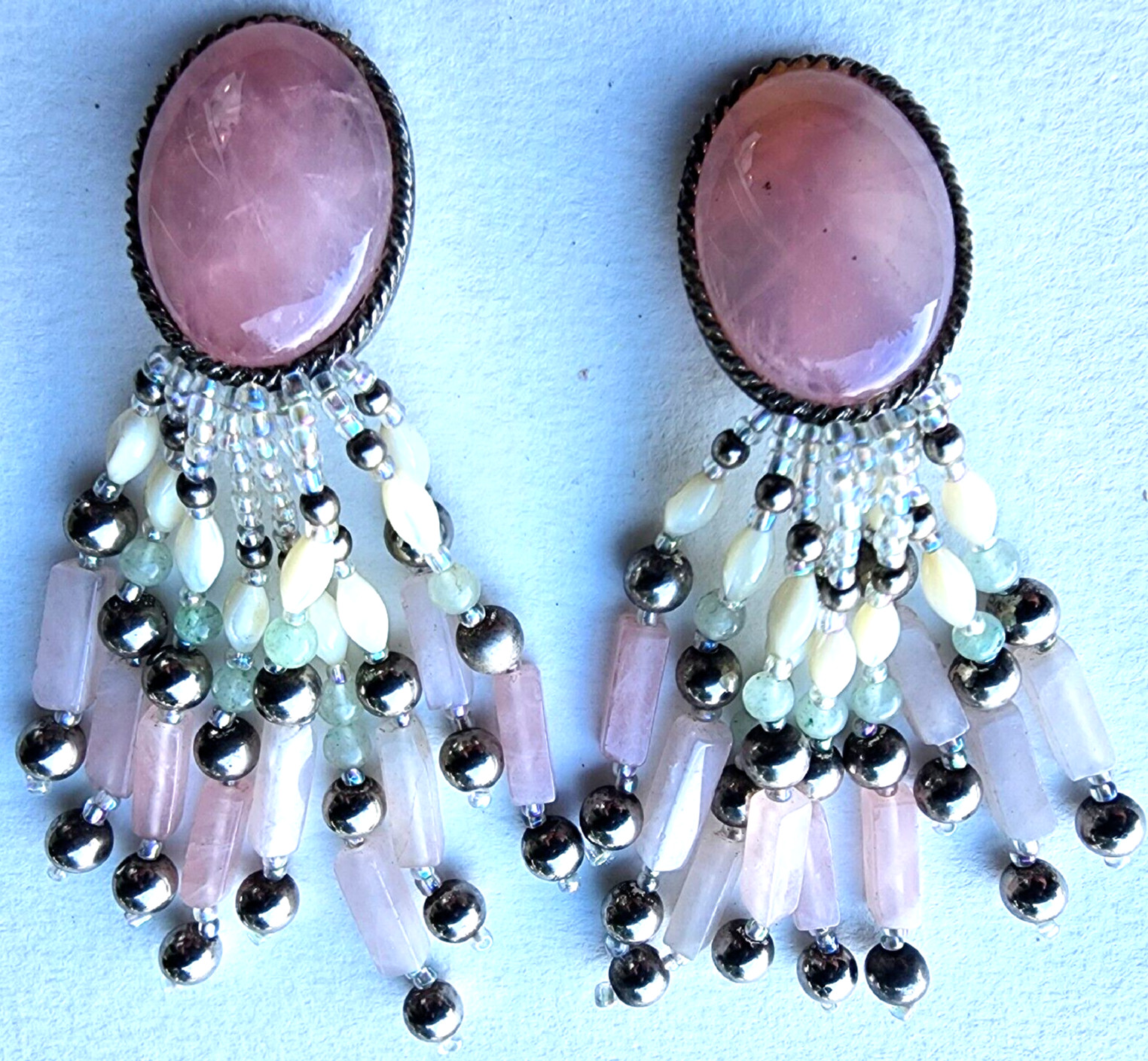 Boho Western Vintage Rose Quartz Cabochon Mother Of Pearl Bead Dangle Clip Gift