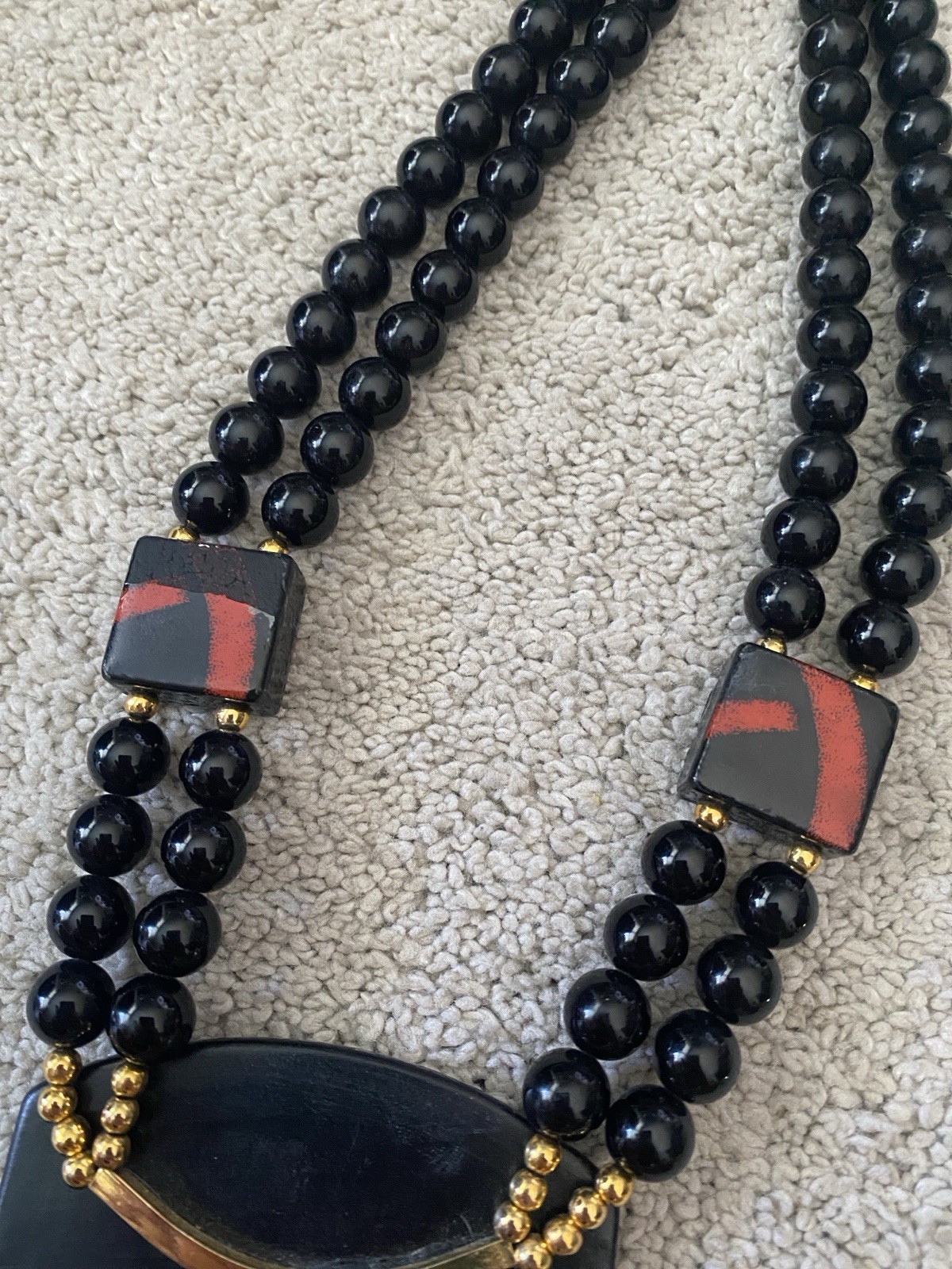 VTG Japan Beaded Statement Necklace Red Black Ceramic Pendant