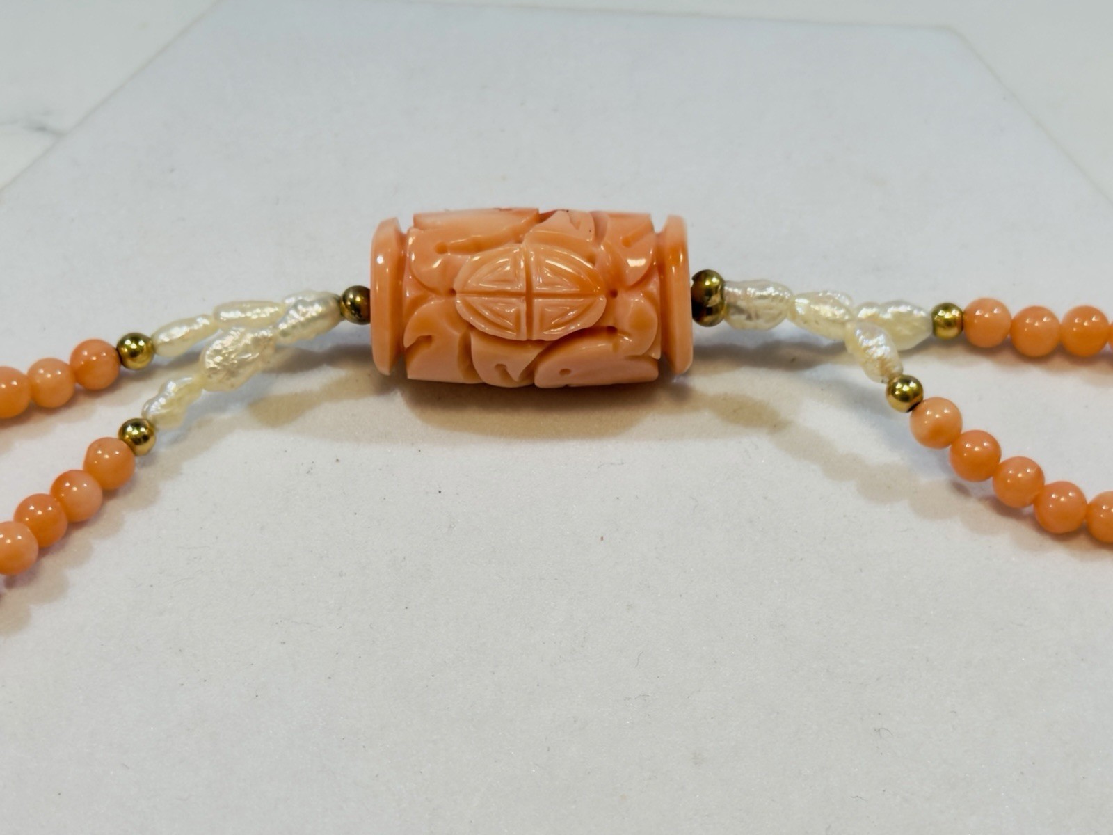 Antique Genuine Salmon Coral & Pearl Beaded Double Strand Necklace 32″ 14k Beads