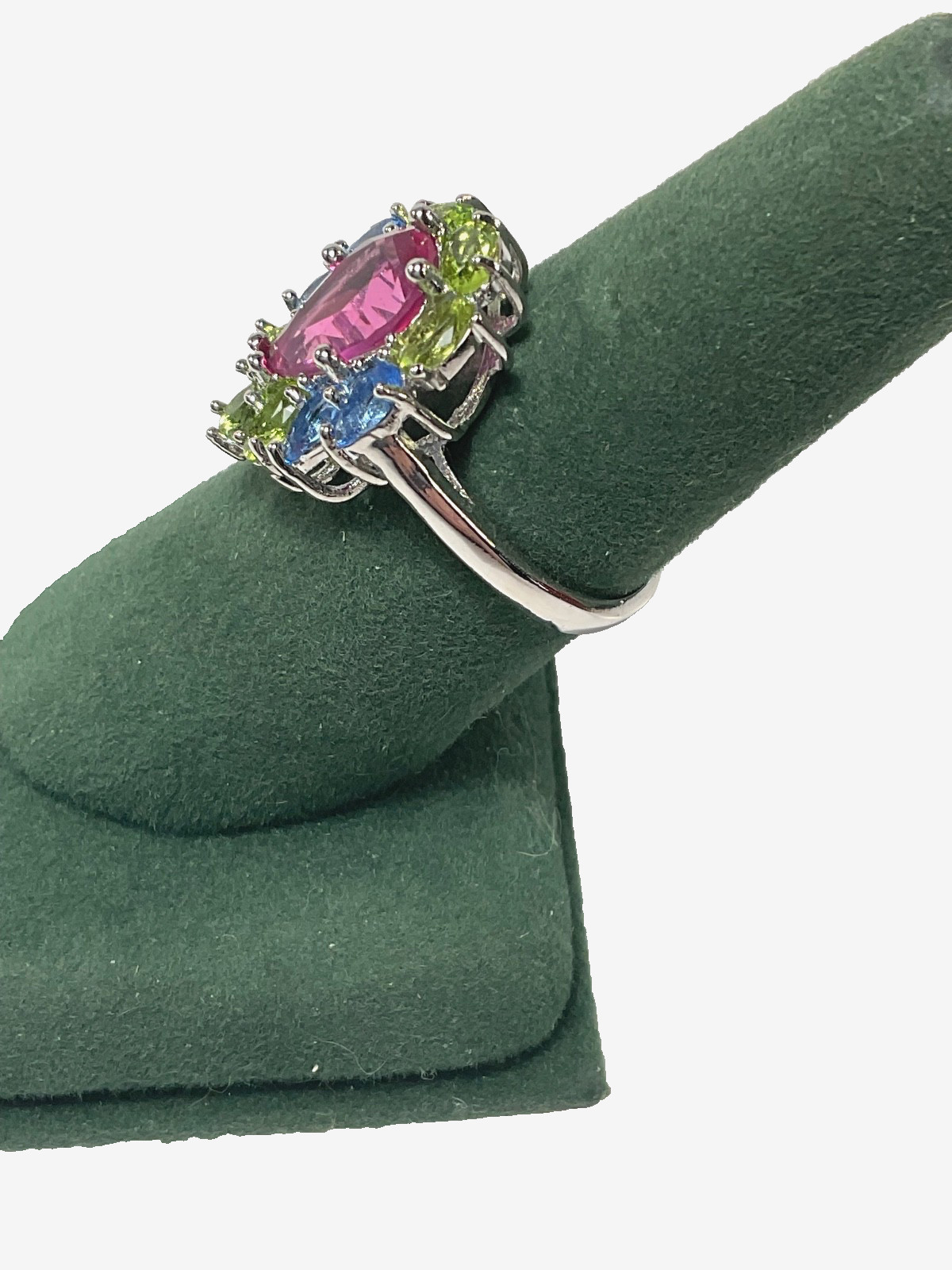 Ladies, Sterling Silver Pink w/ Multi Color Gemstones Ring, Size 8